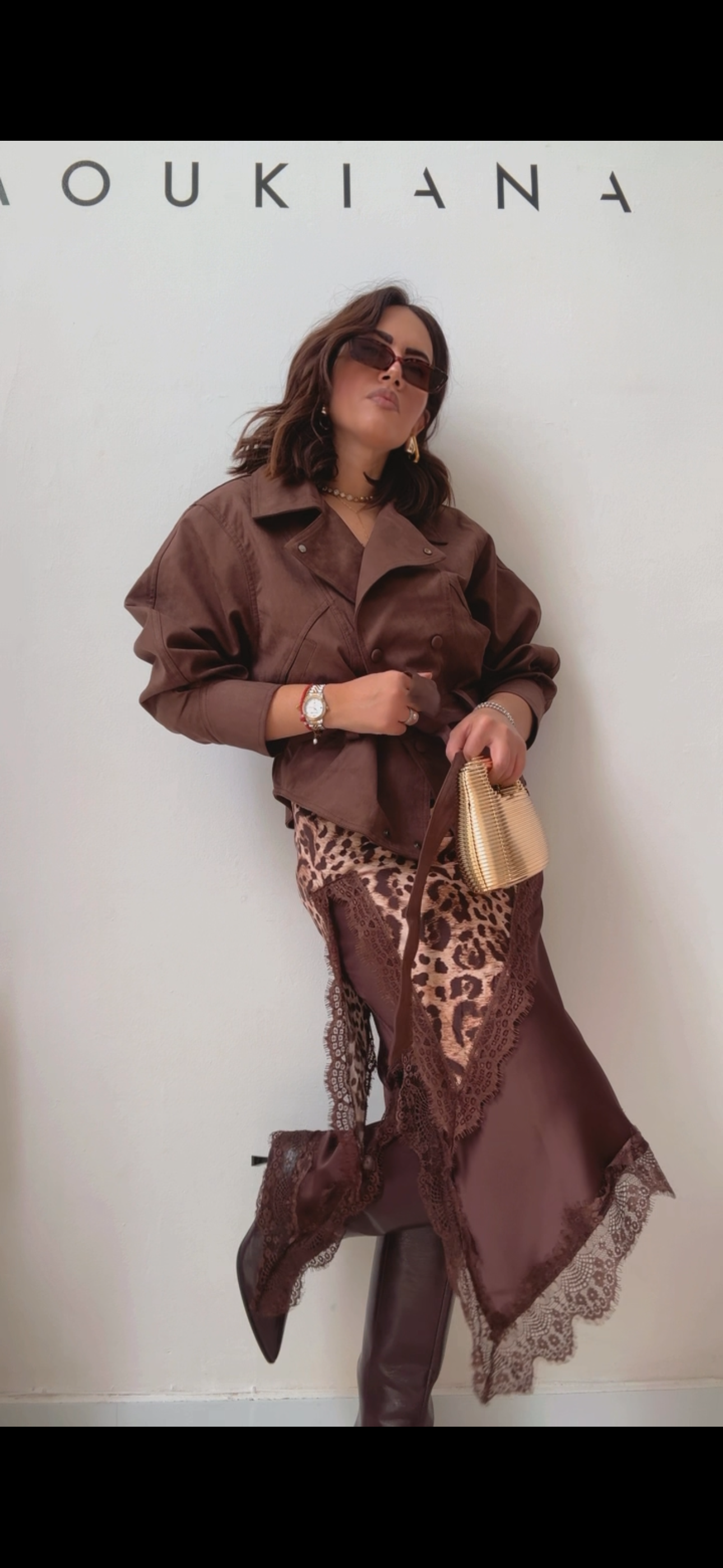 Satin Skirt with Lace Details in Brown