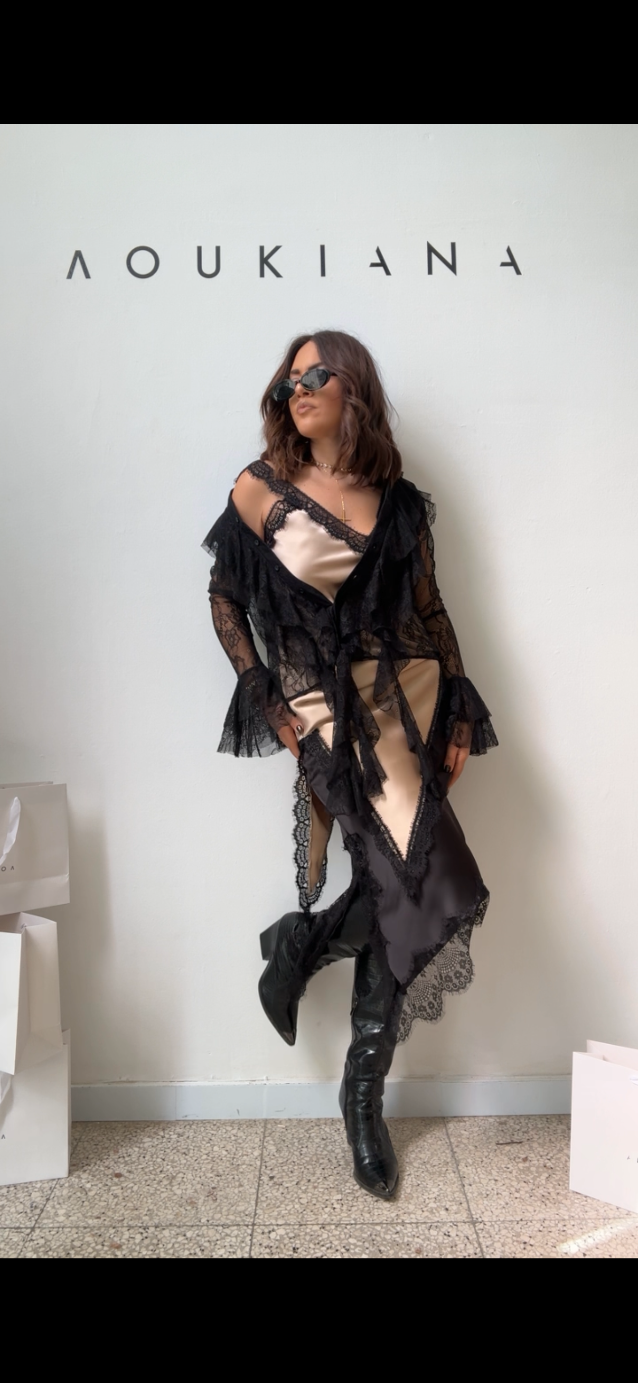 Satin Skirt with Lace Details in Black