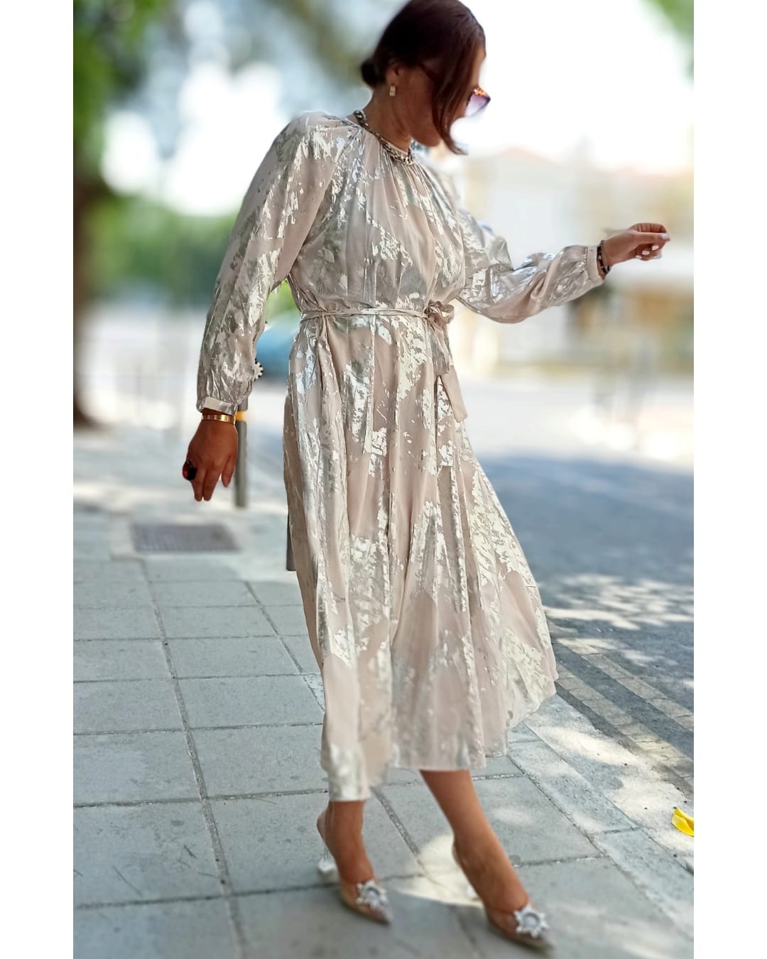 Midi Dress in Silver & Pink