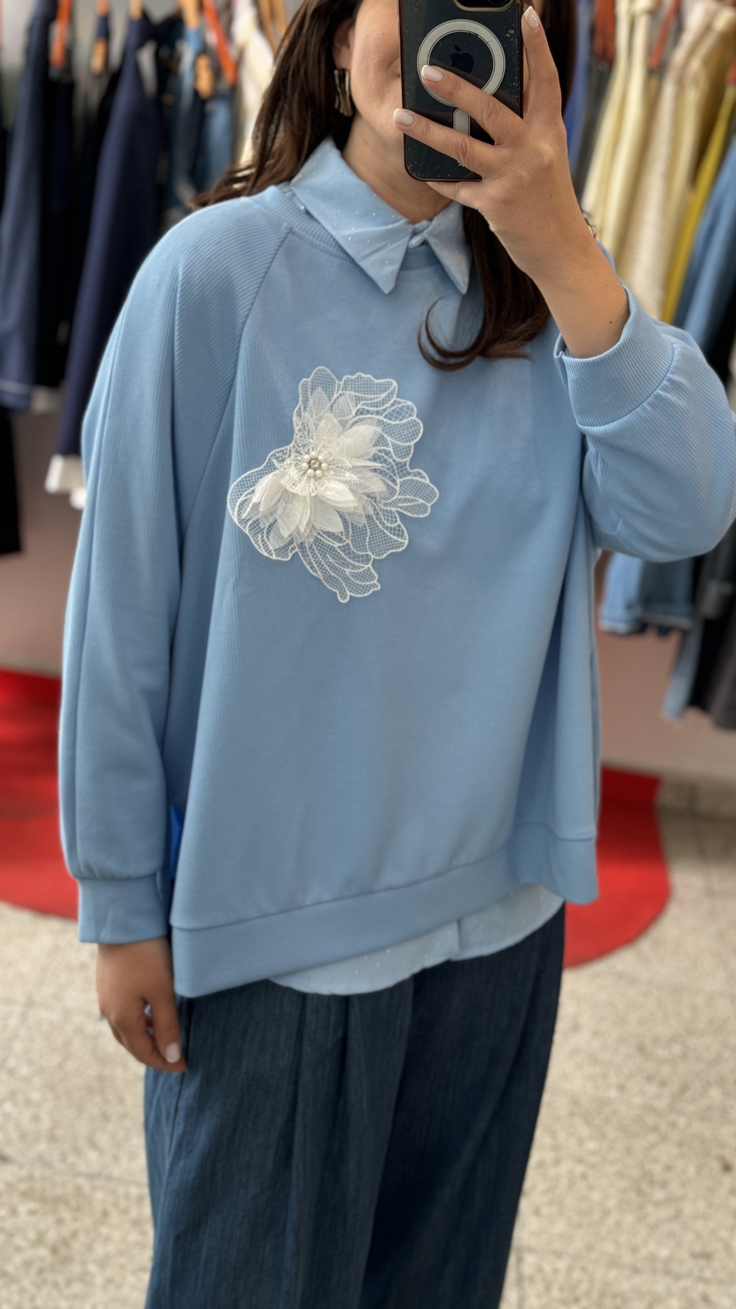 Sweatshirt in Light Blue with Flower Detail