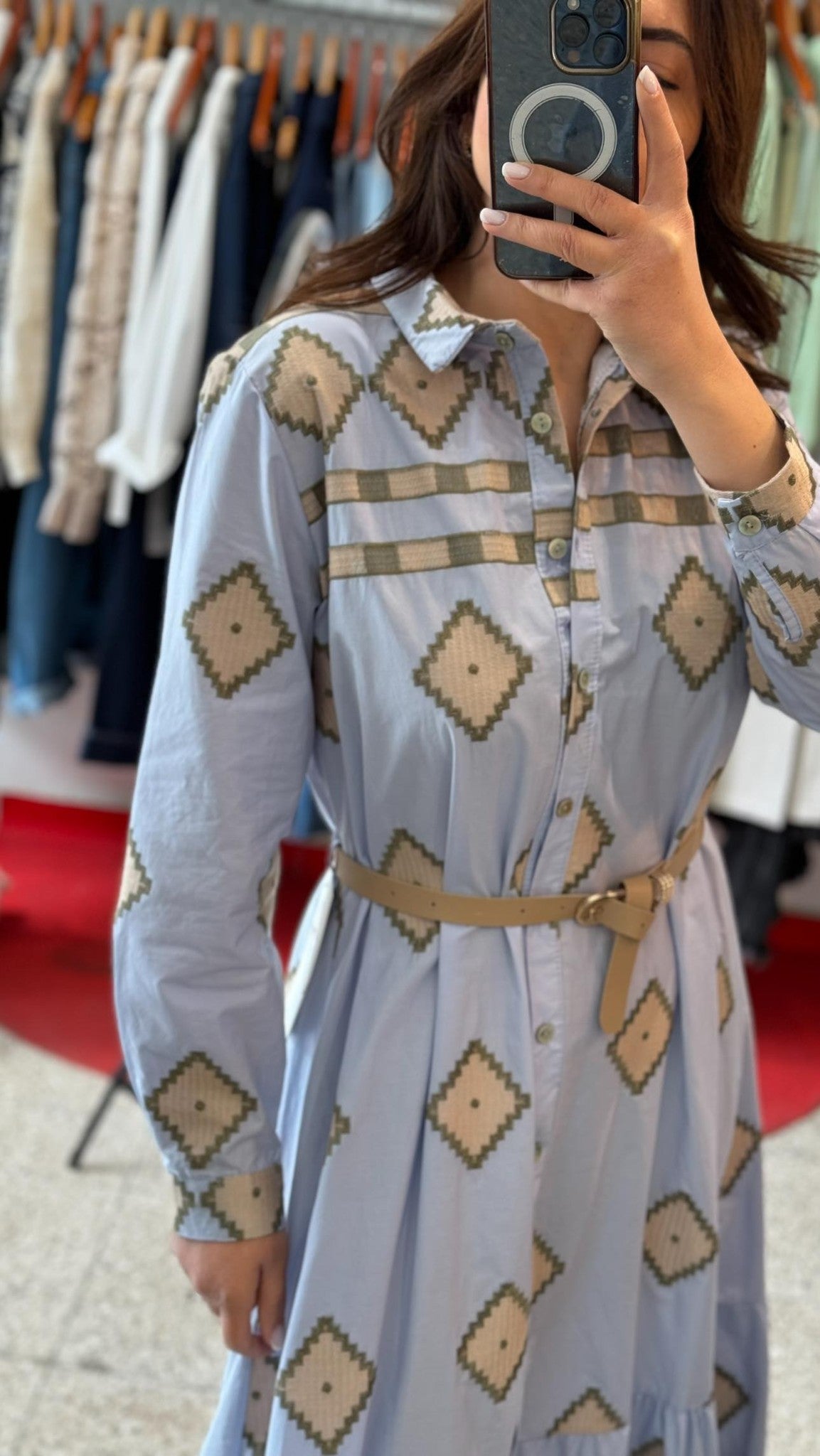 Midi Dress in Light Blue & Beige Print