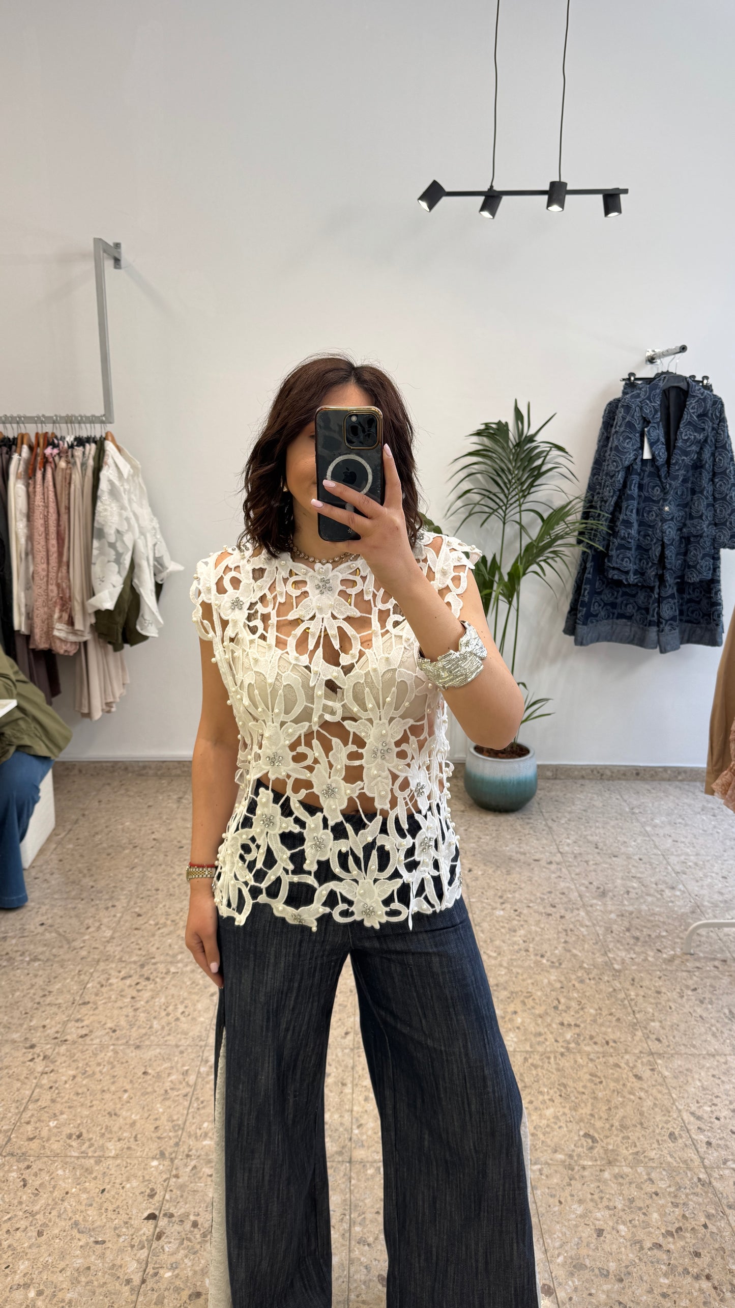 Embellished Crochet Top in White