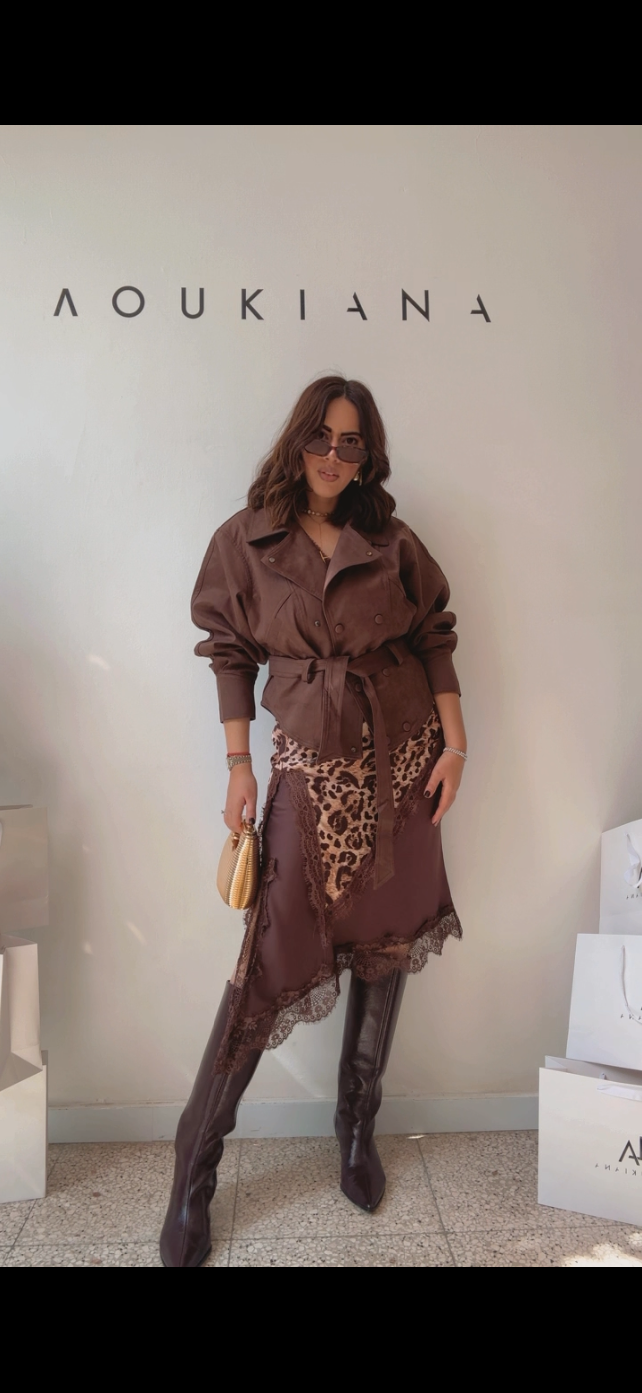 Satin Skirt with Lace Details in Brown