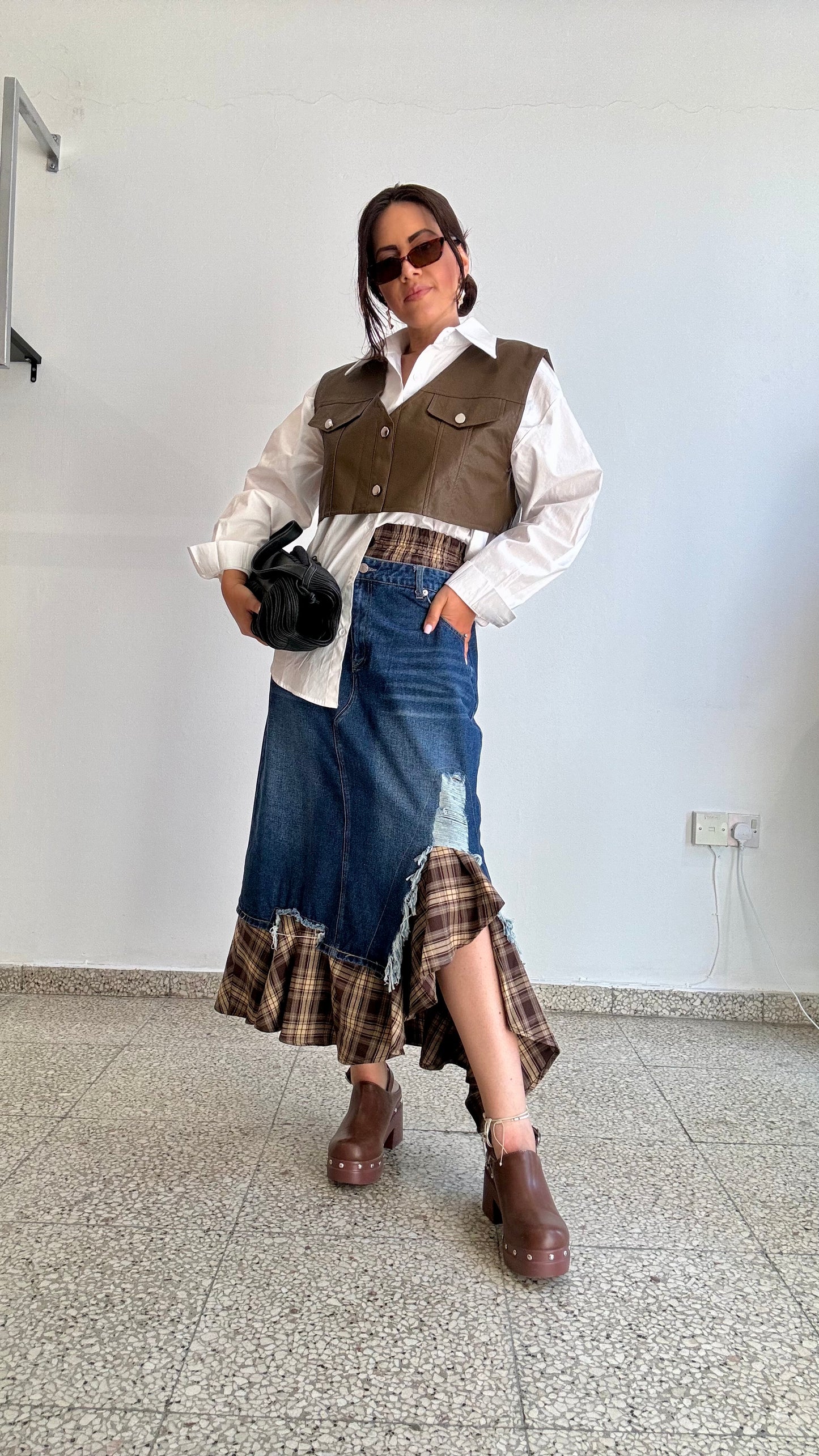 Checkered Skirt with Denim