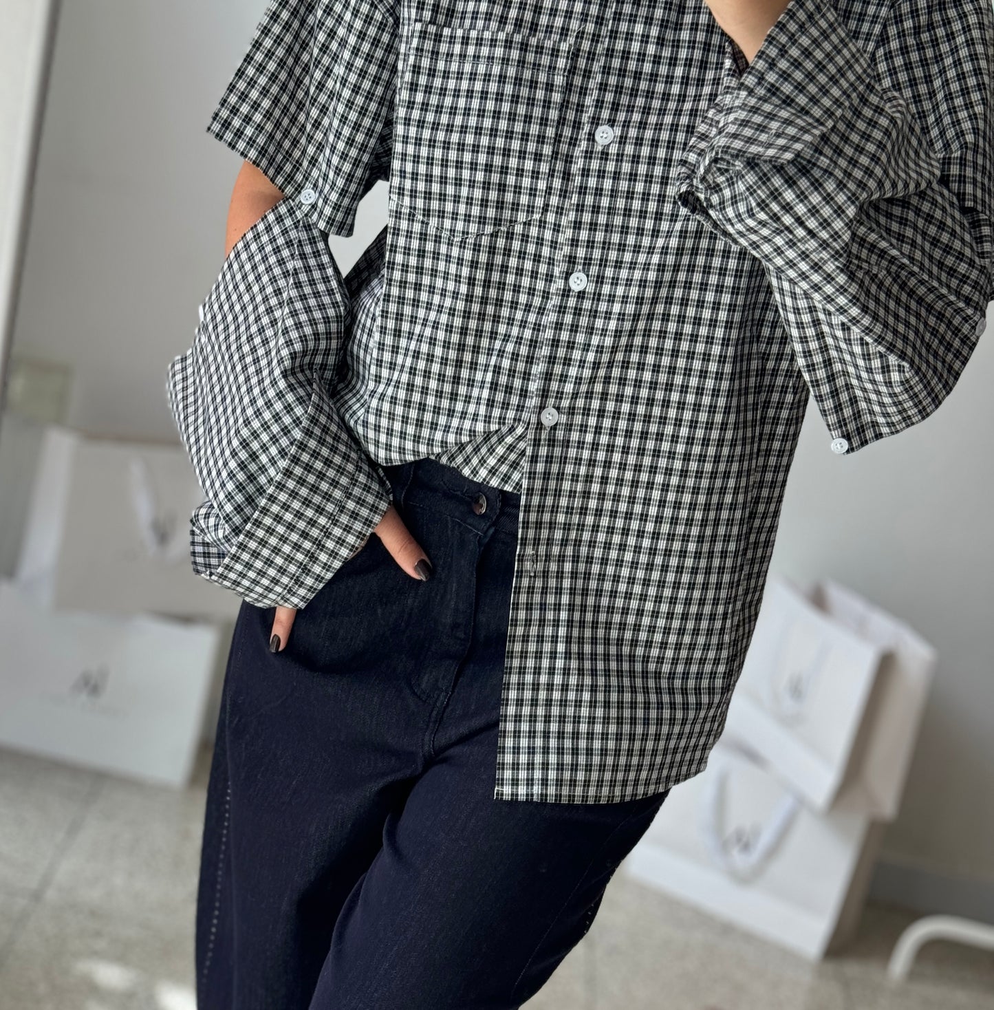 Shirt with Elbow Cutout in Black & White