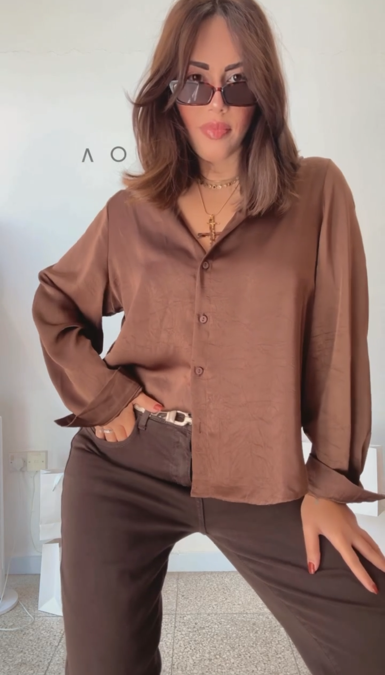 Shirt with Lace Back in Brown