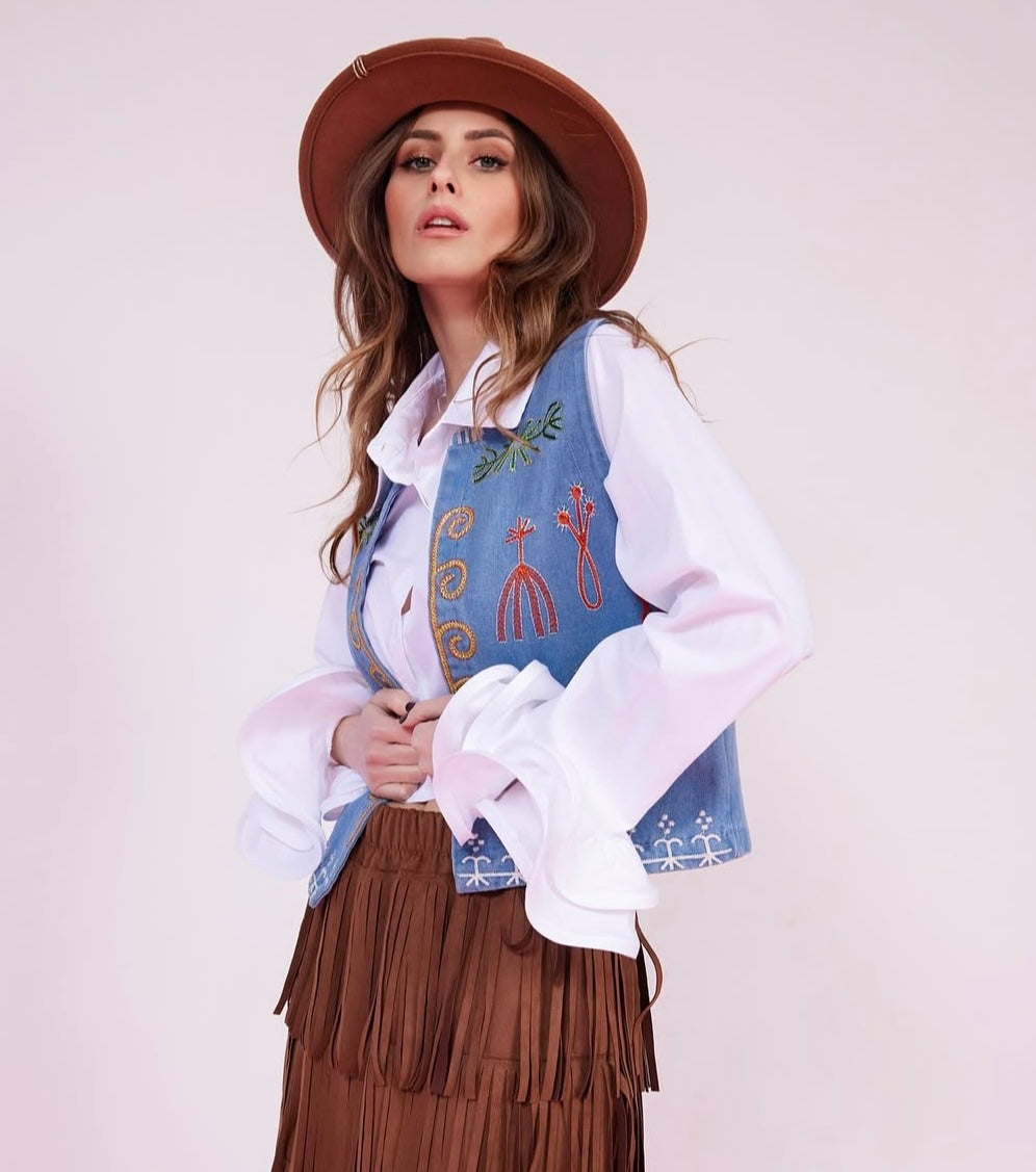 Denim Vest with Colorful Print
