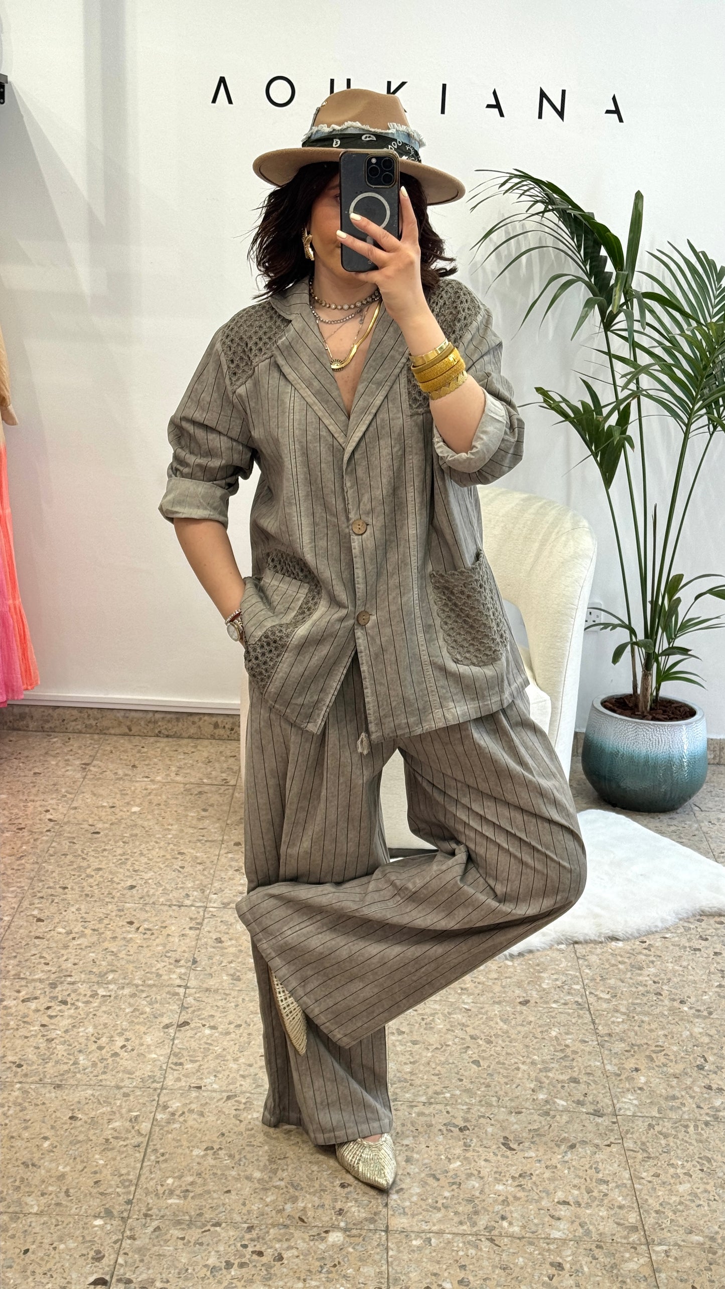 Cotton Striped Set in Taupe Gray