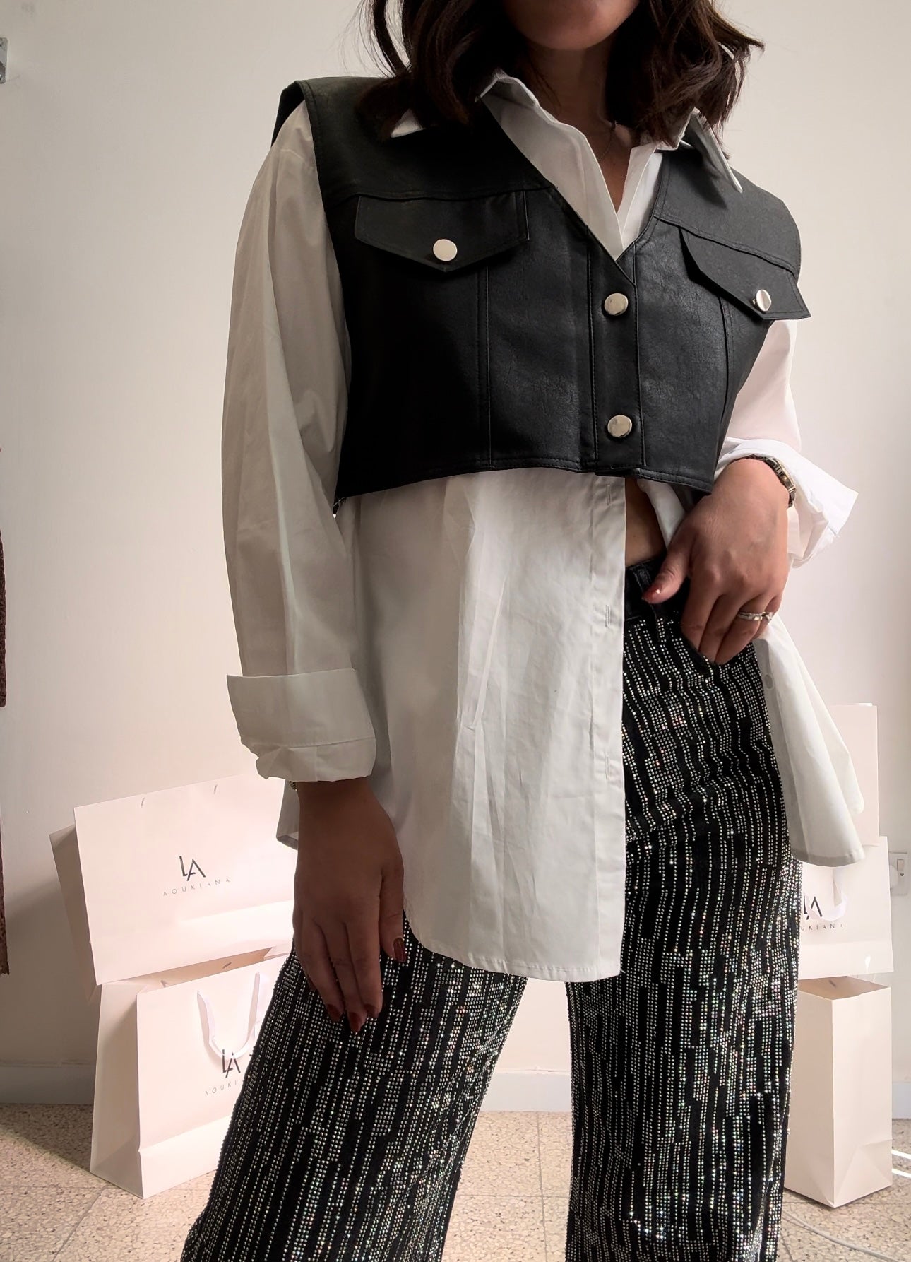 Shirt with Cropped Vest in Black