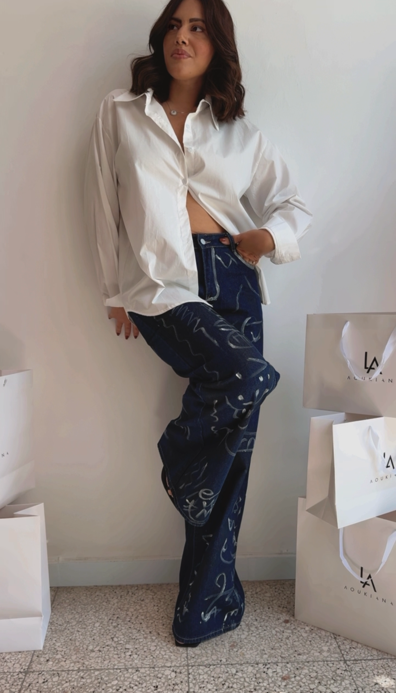 Wide-Leg Jeans with Line Drawings