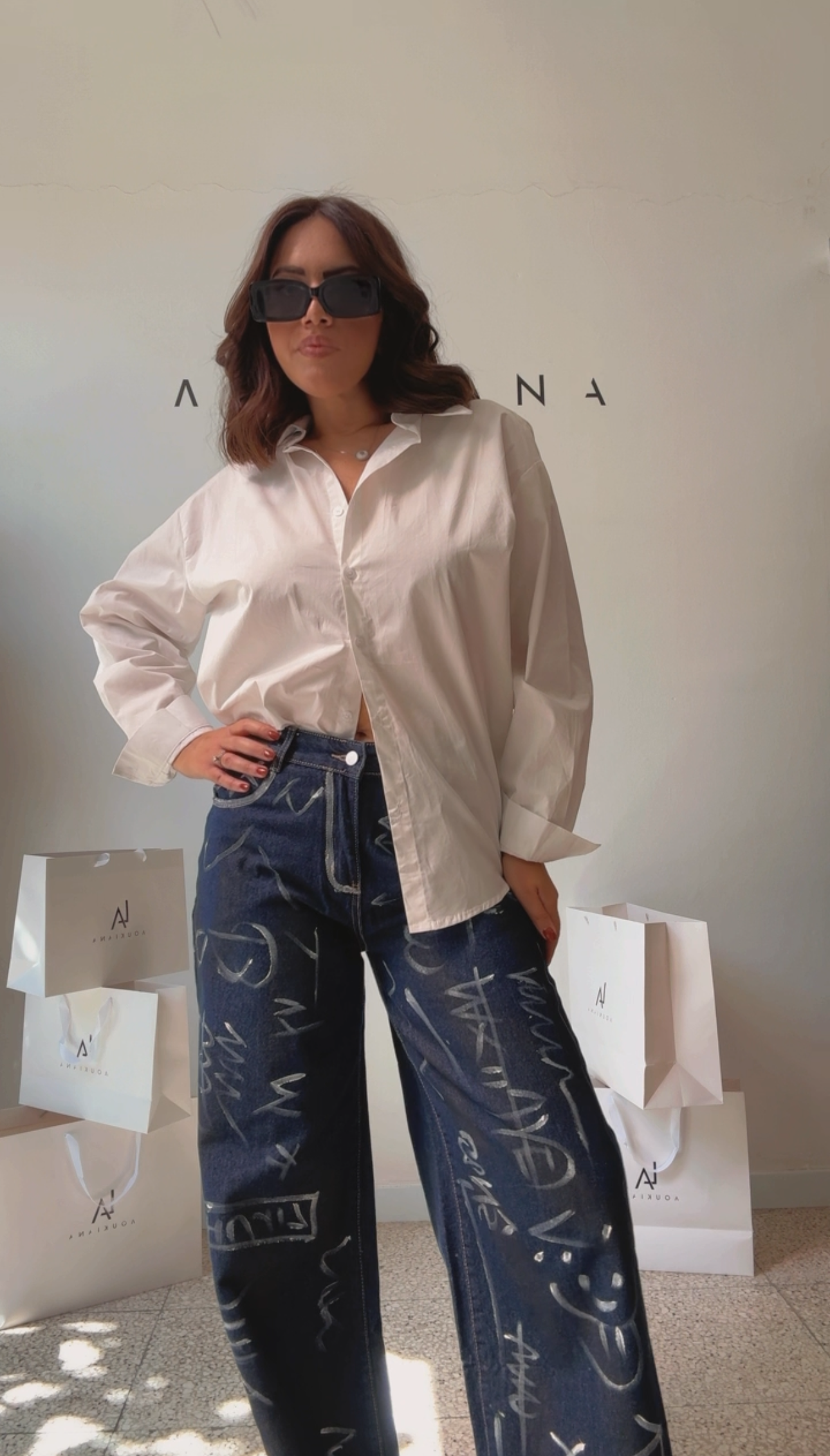 Wide-Leg Jeans with Line Drawings