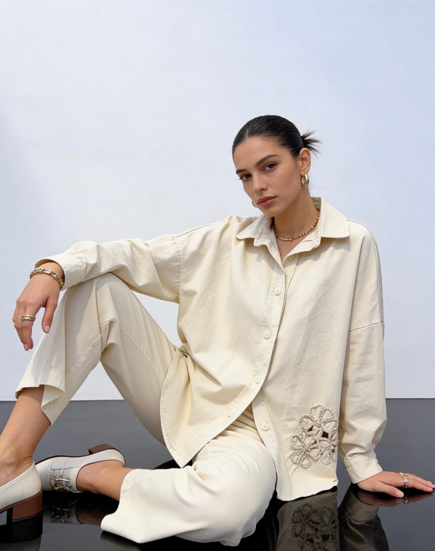 Cream Denim Jacket Shirt with Flower Embellishment