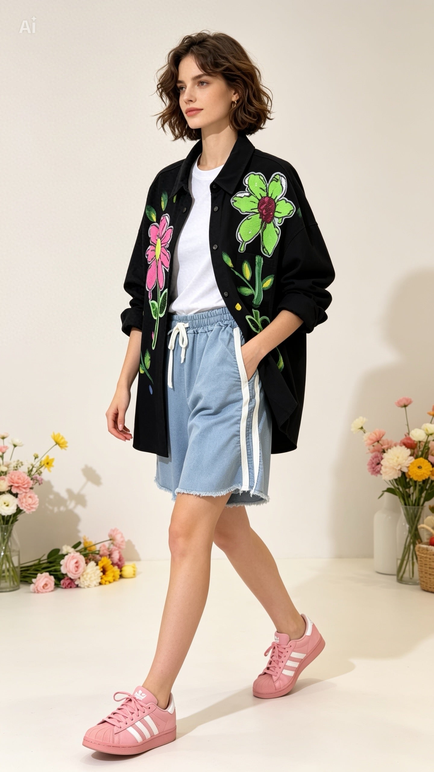 Denim Flower Shirt in Black