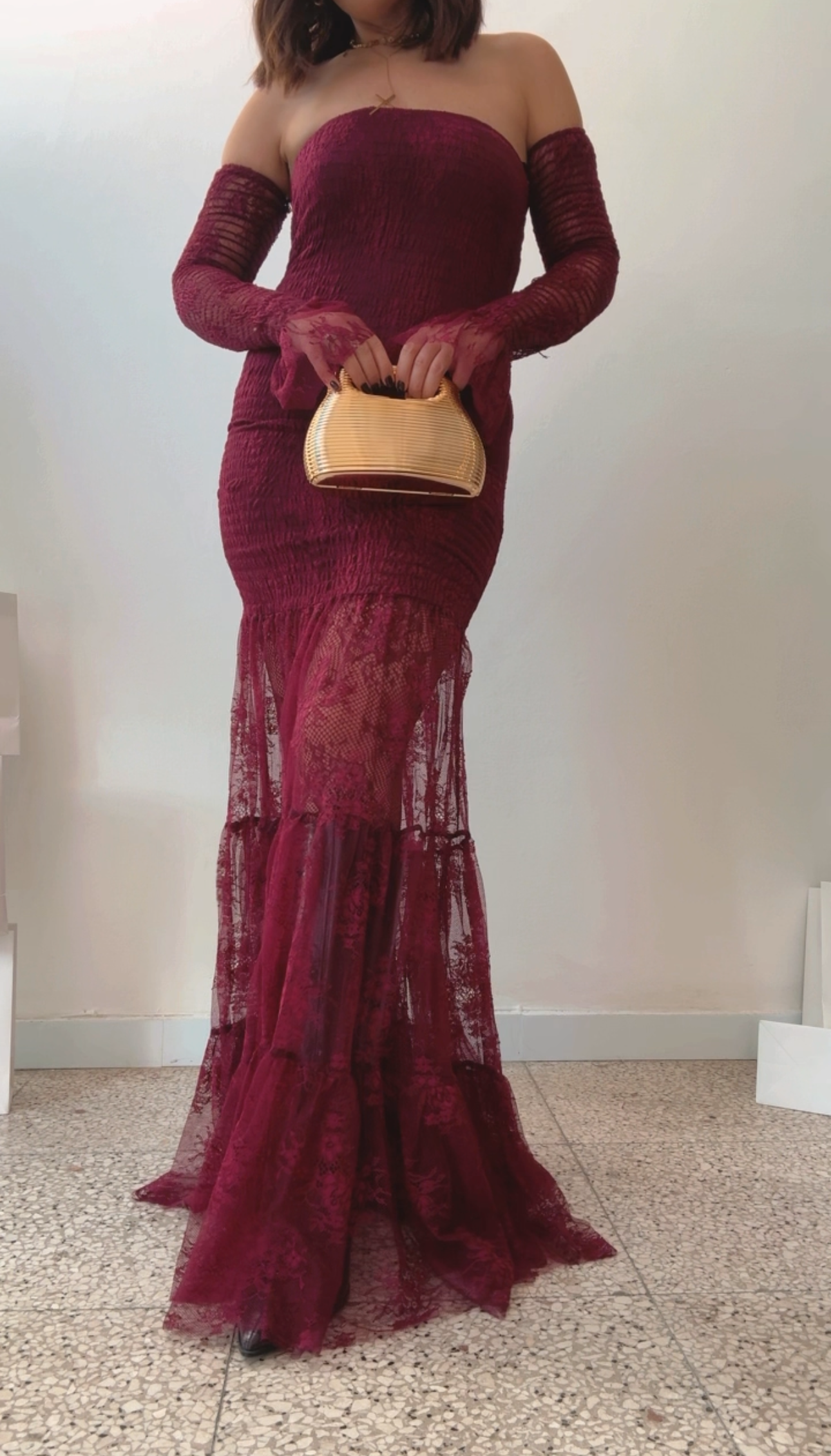 Maxi Lace Dress in Bordeaux