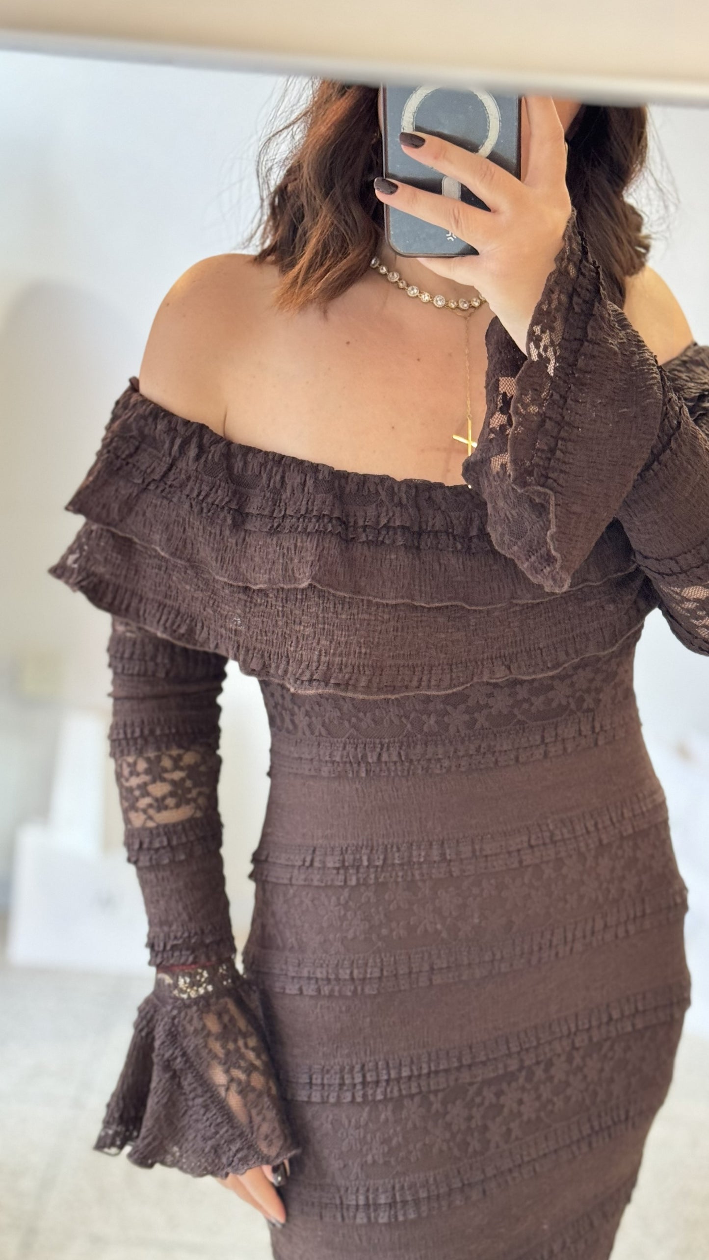 Off-Shoulder Dress in Brown