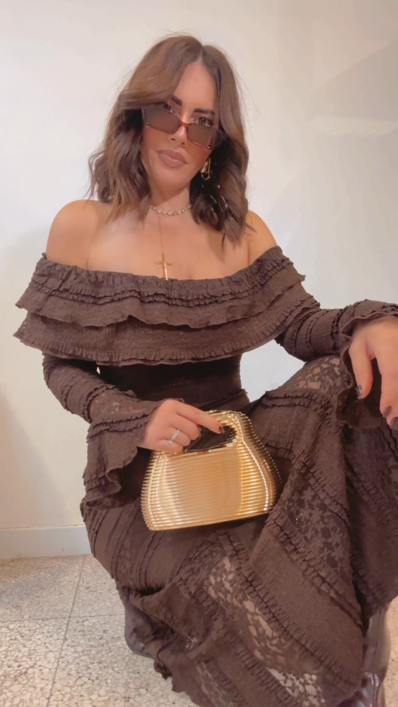 Off-Shoulder Dress in Brown