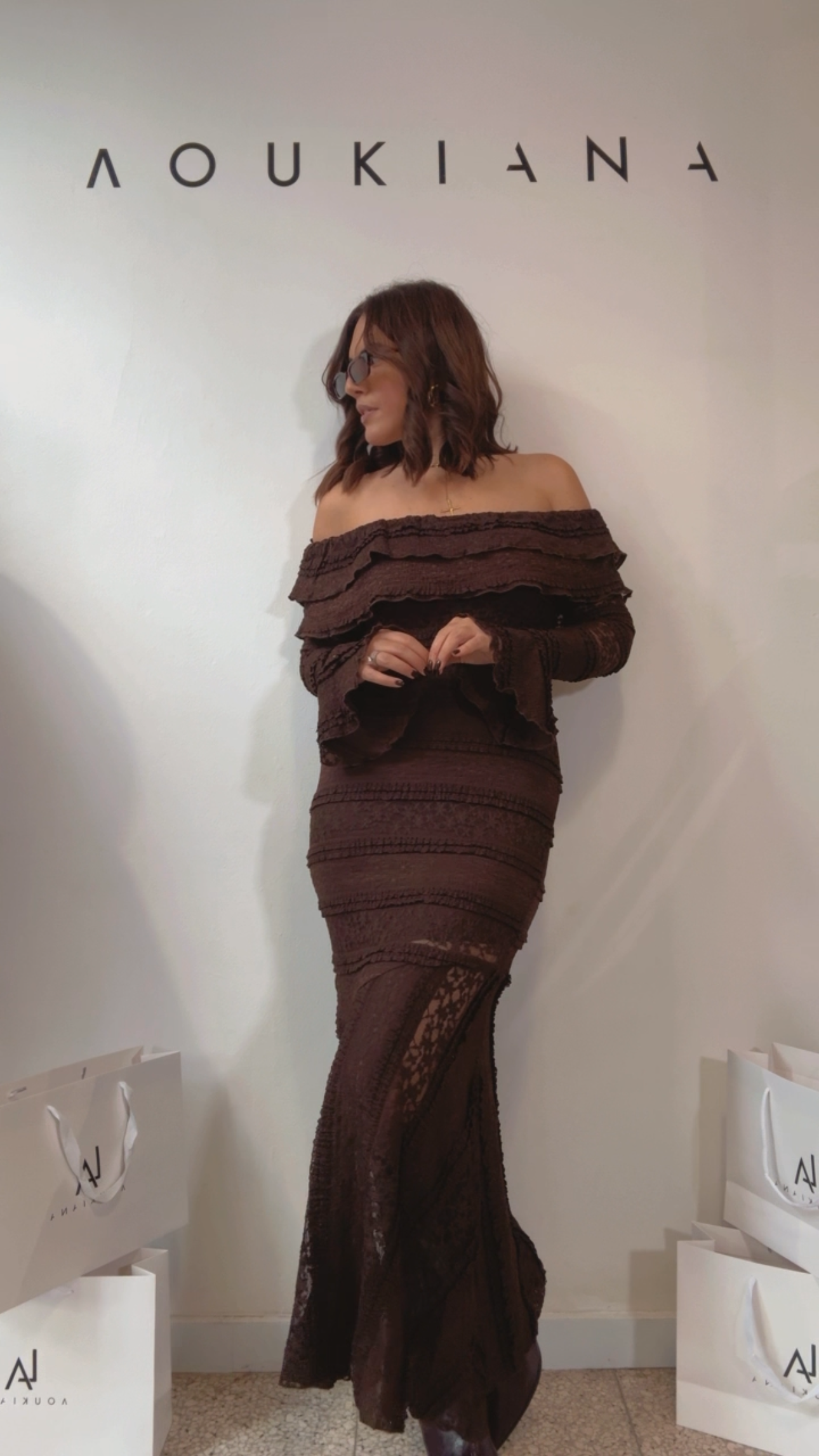Off-Shoulder Dress in Brown