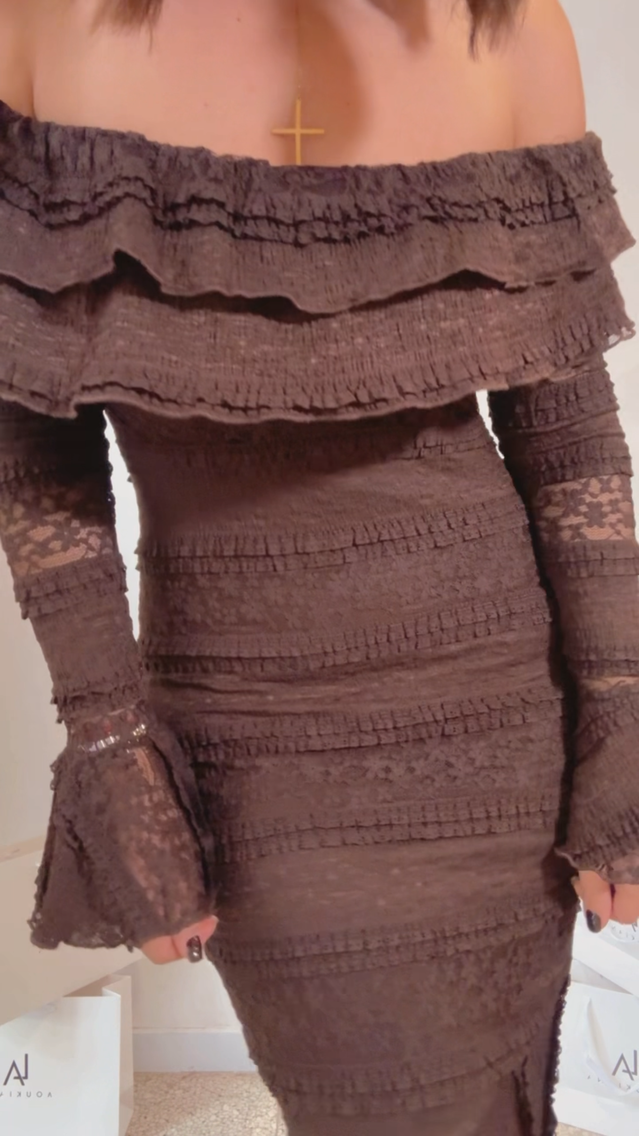 Off-Shoulder Dress in Brown