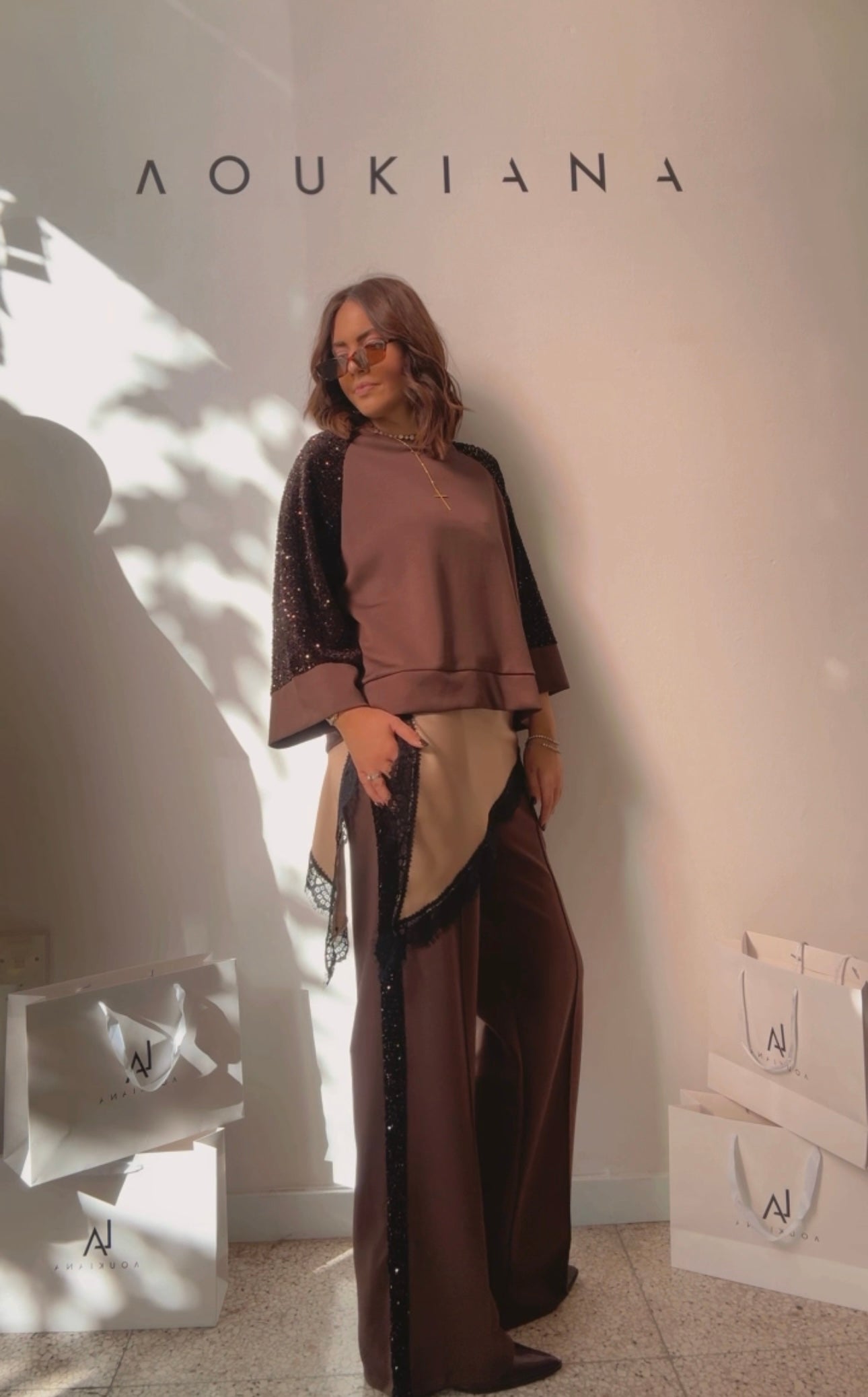 Tracksuit Set in Brown with Sequin Details
