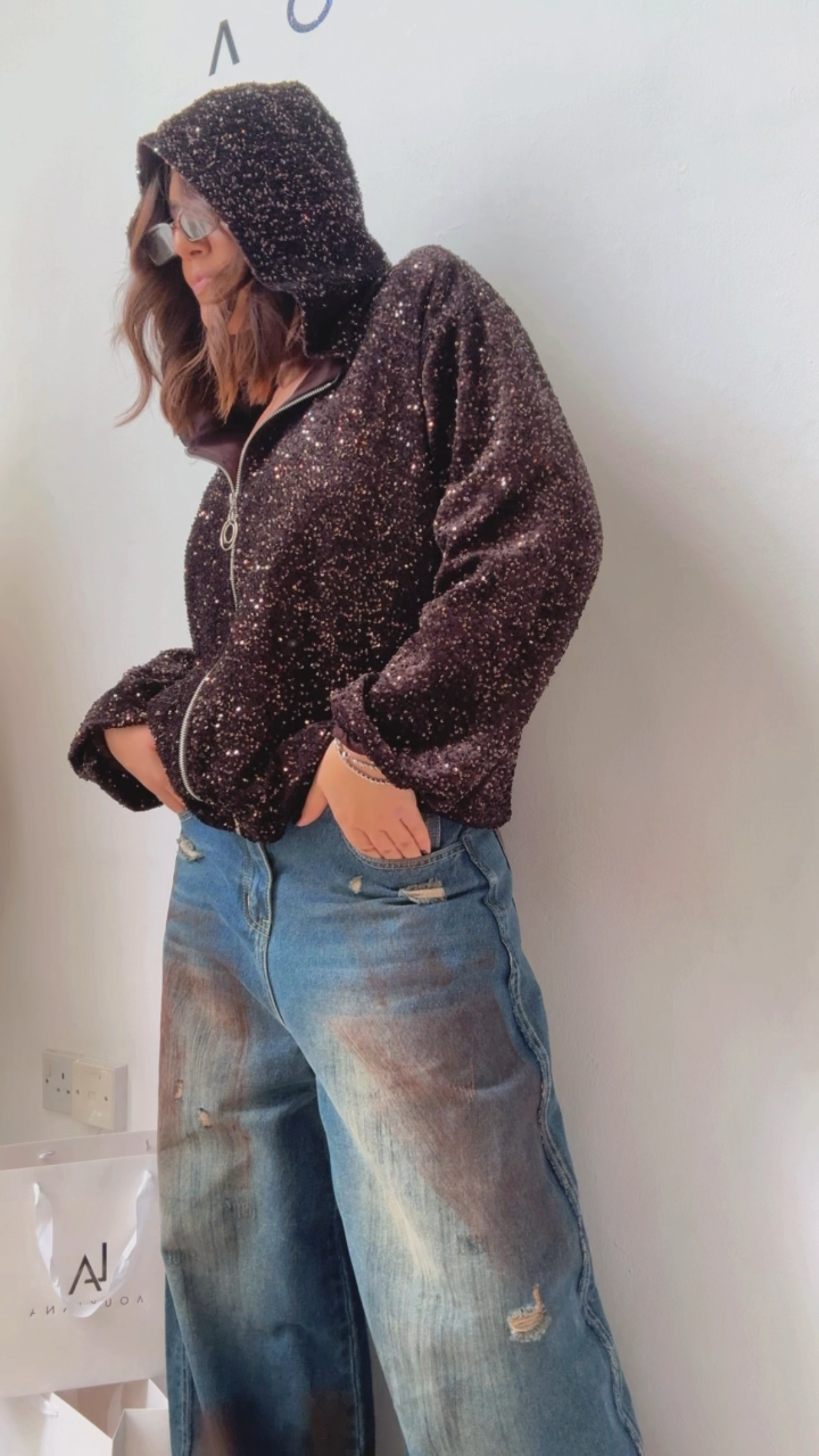 Bomber Jacket in Brown Sequin