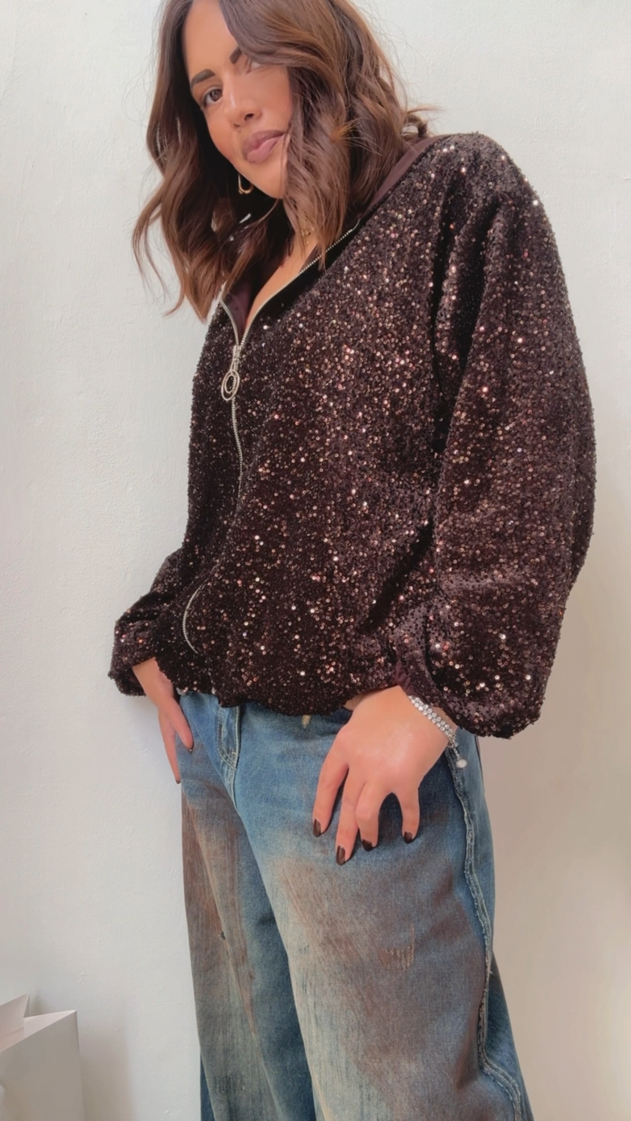 Bomber Jacket in Brown Sequin