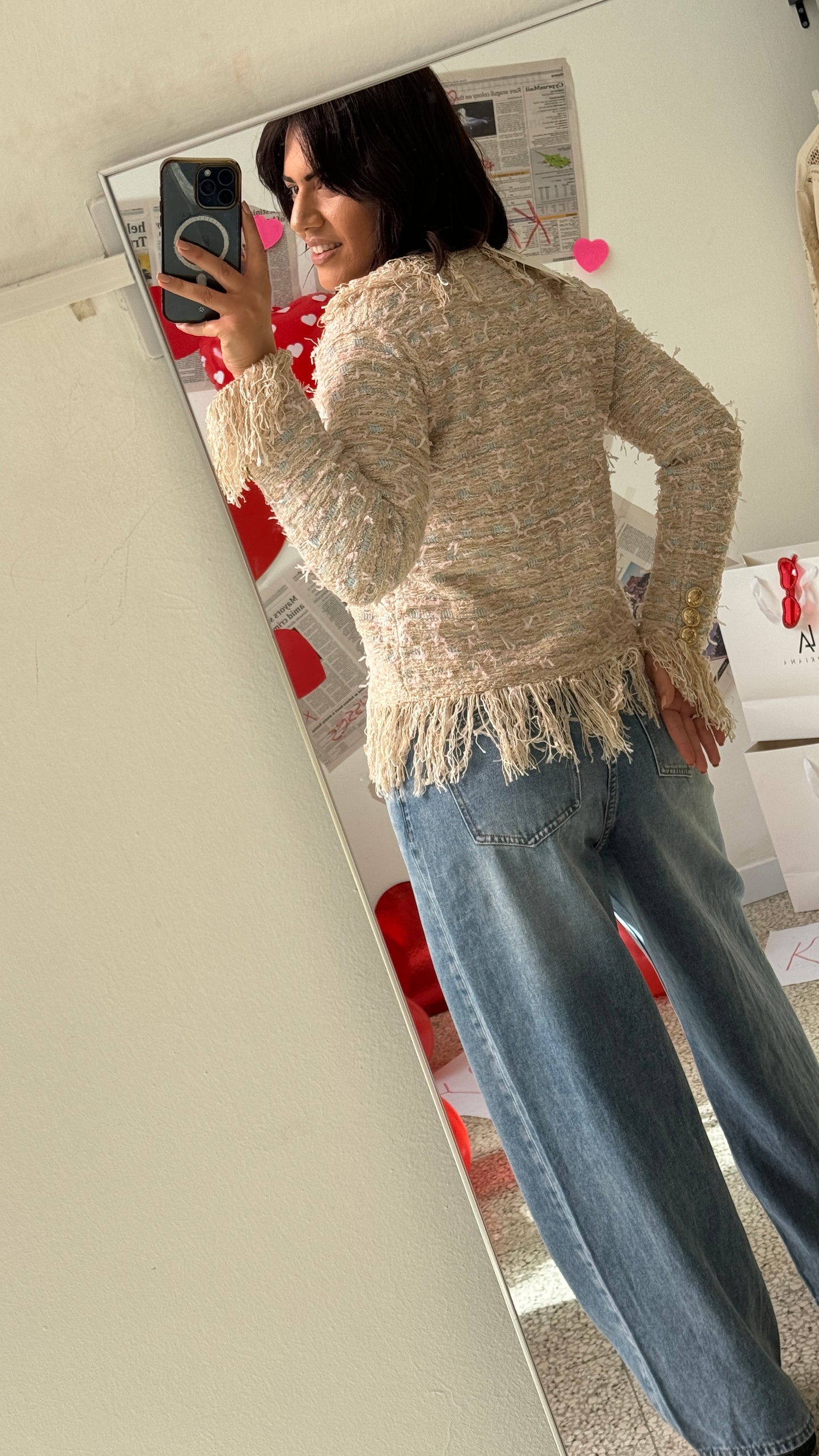 Cardigan with Fringes in Beige & Light Blue