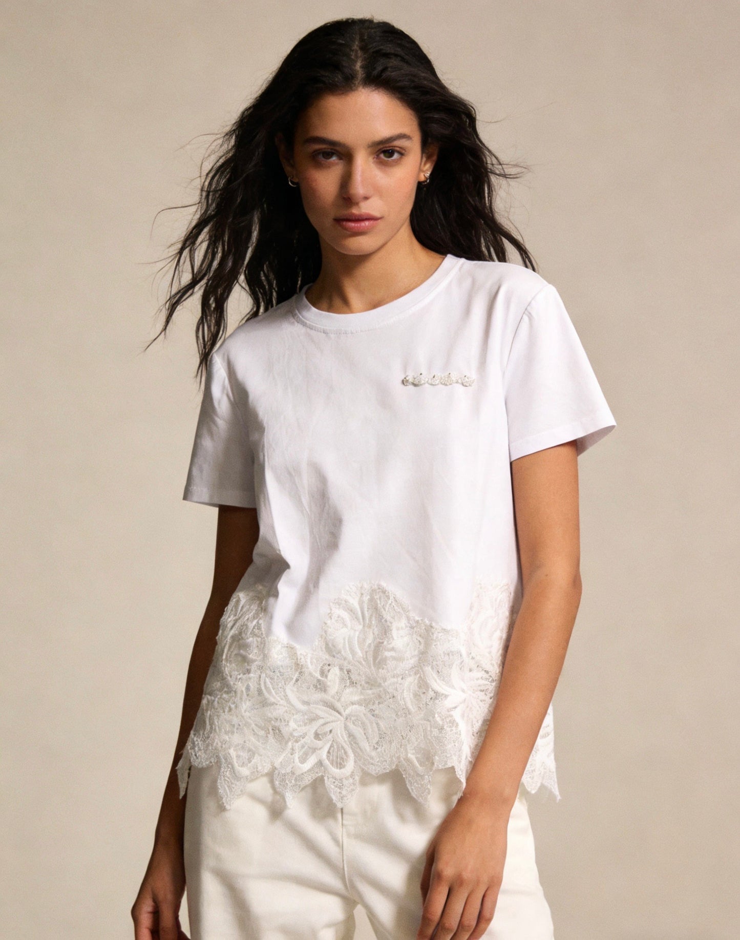 White T-Shirt with Lace Details