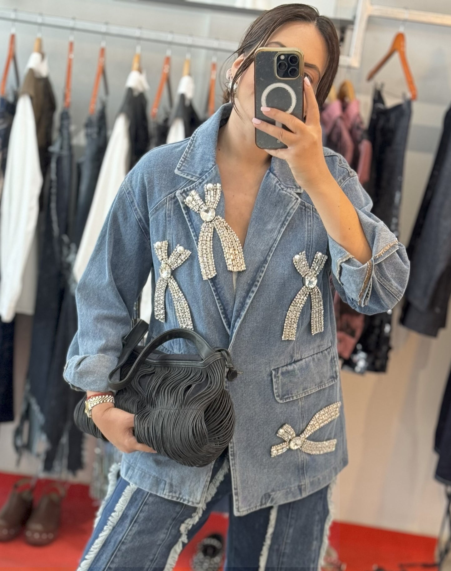 Denim Blazer with Bow Details