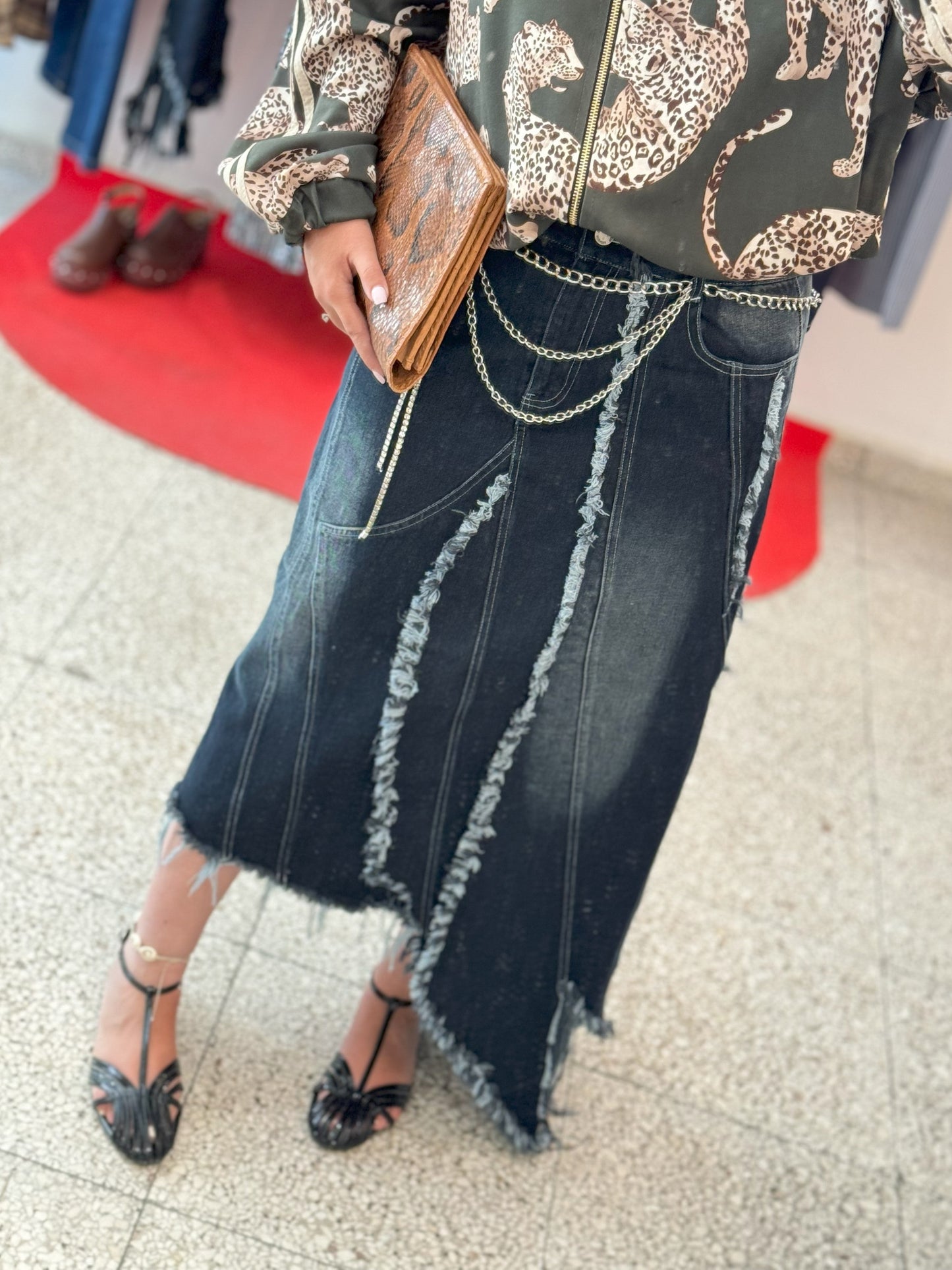 Denim Skirt with Stripe Detail
