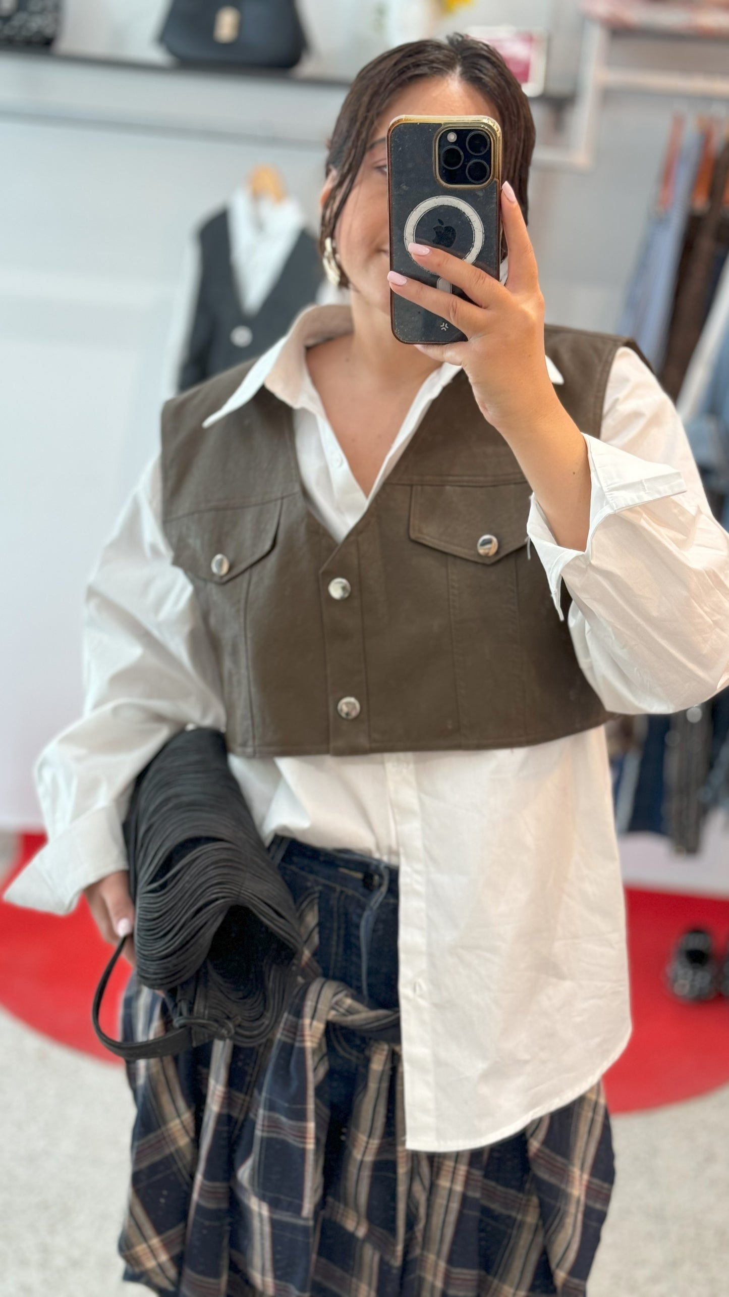 Shirt with Cropped Vest in Brown