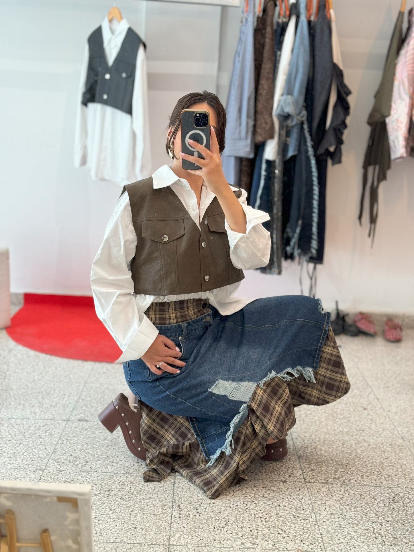 Checkered Skirt with Denim