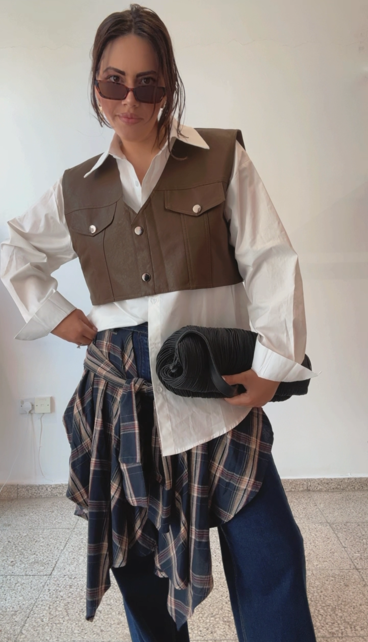 Shirt with Cropped Vest in Brown