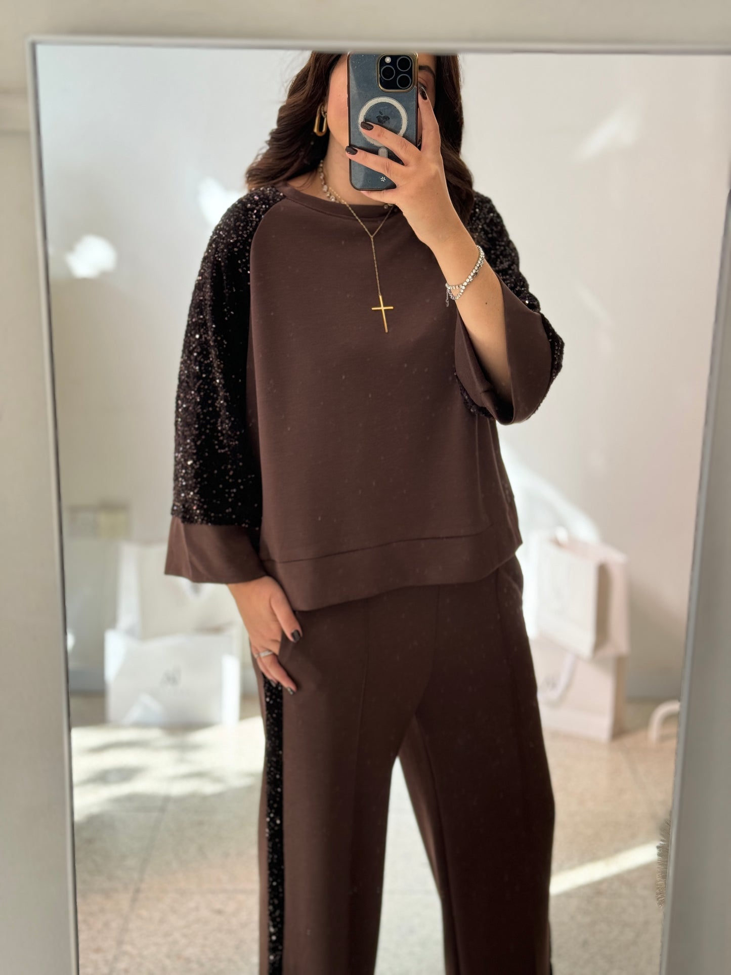 Tracksuit Set in Brown with Sequin Details
