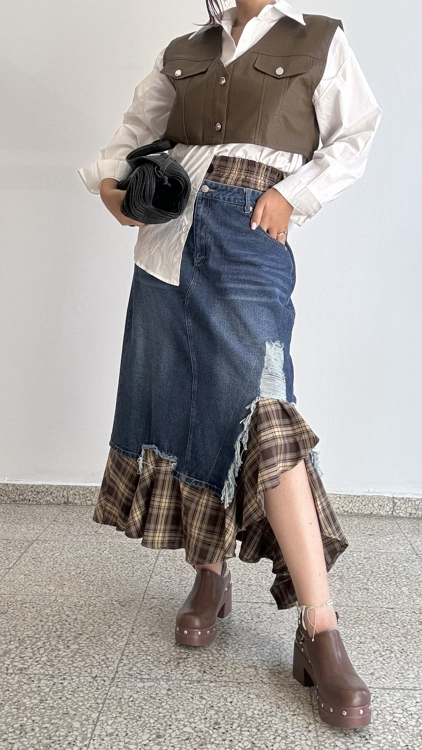 Checkered Skirt with Denim