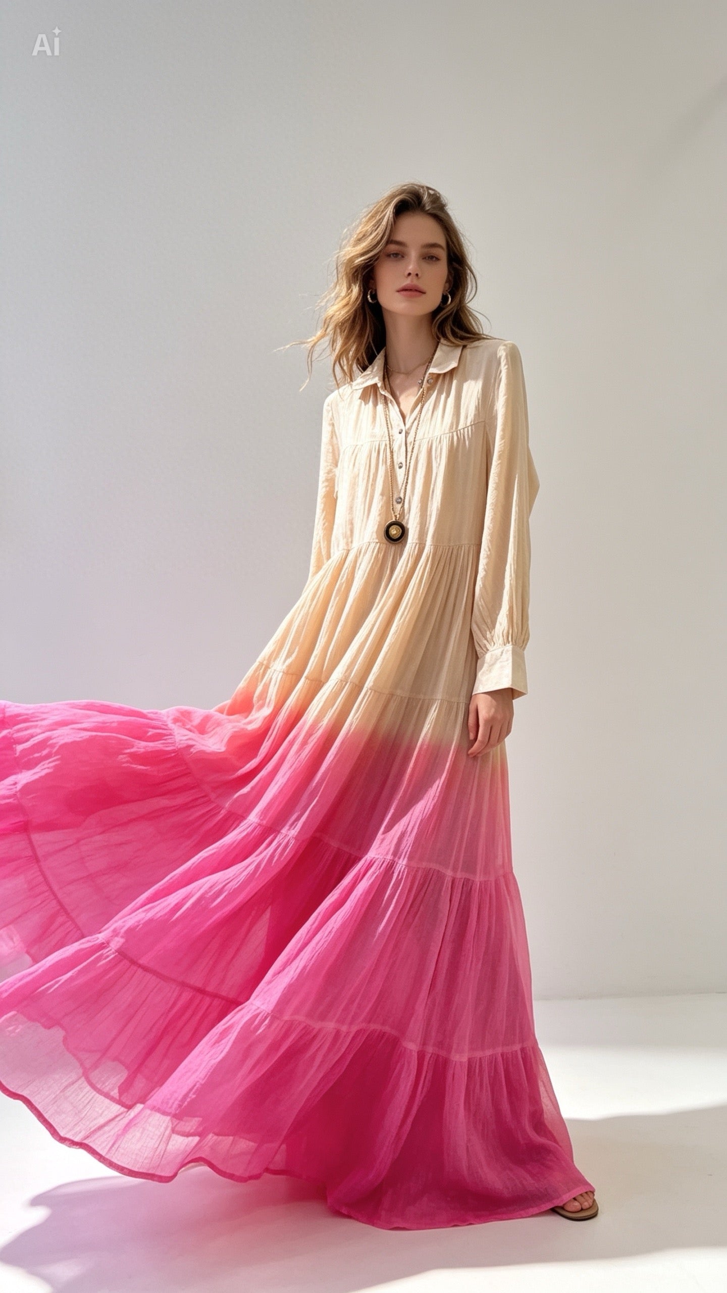 Airy Dress in Beige & Pink