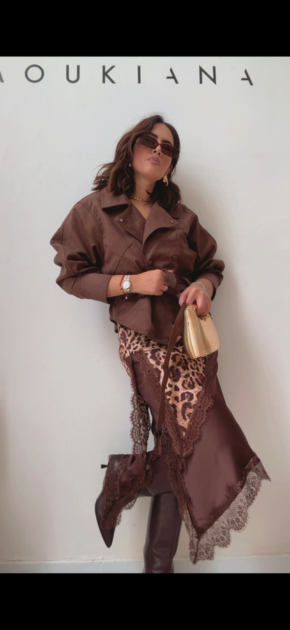 Satin Skirt with Lace Details in Brown
