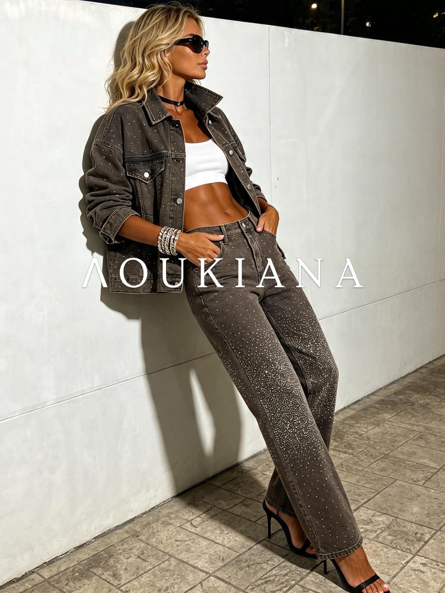 Brown denim set with strass