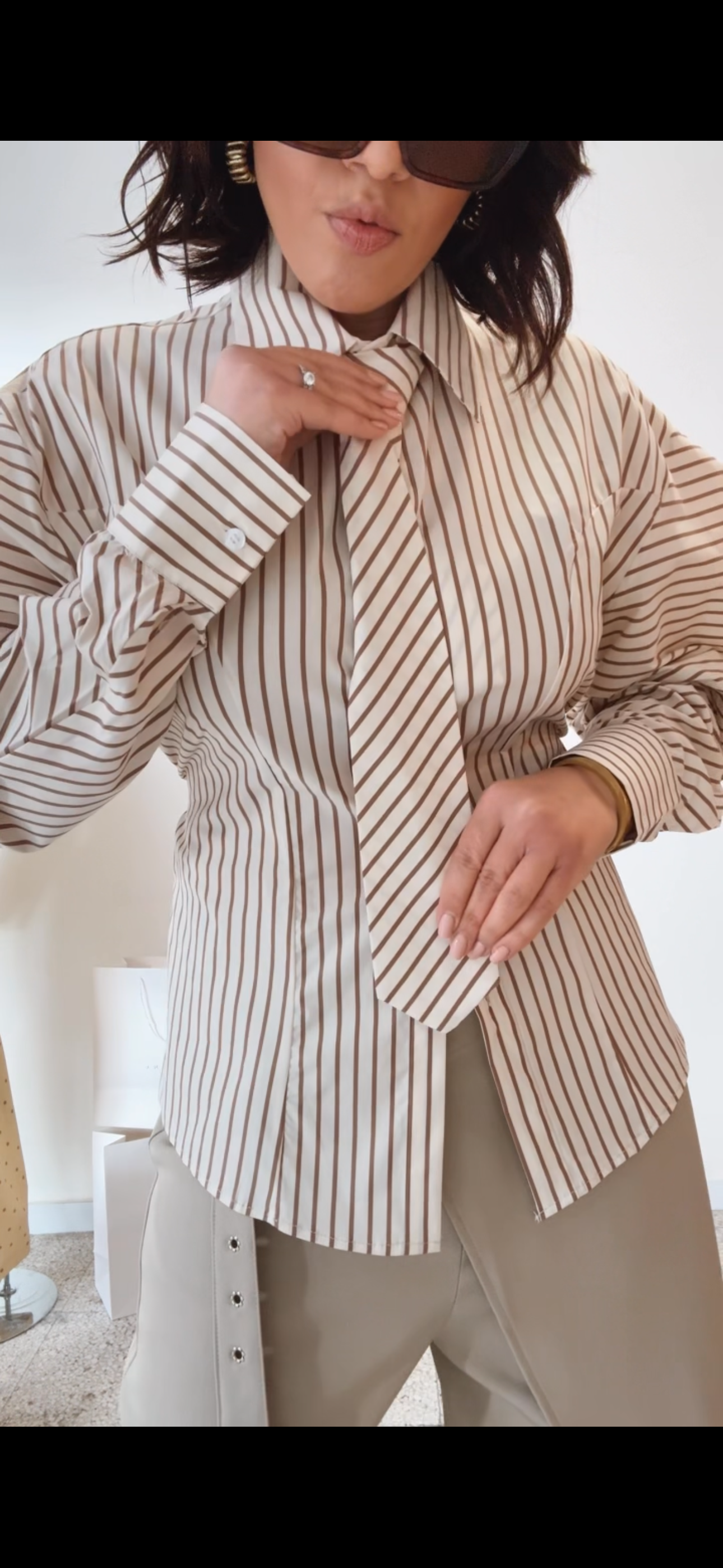 Balloon-Sleeve Shirt with Stripes
