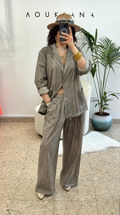 Cotton Striped Set in Taupe Gray