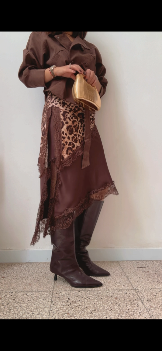 Satin Skirt with Lace Details in Brown