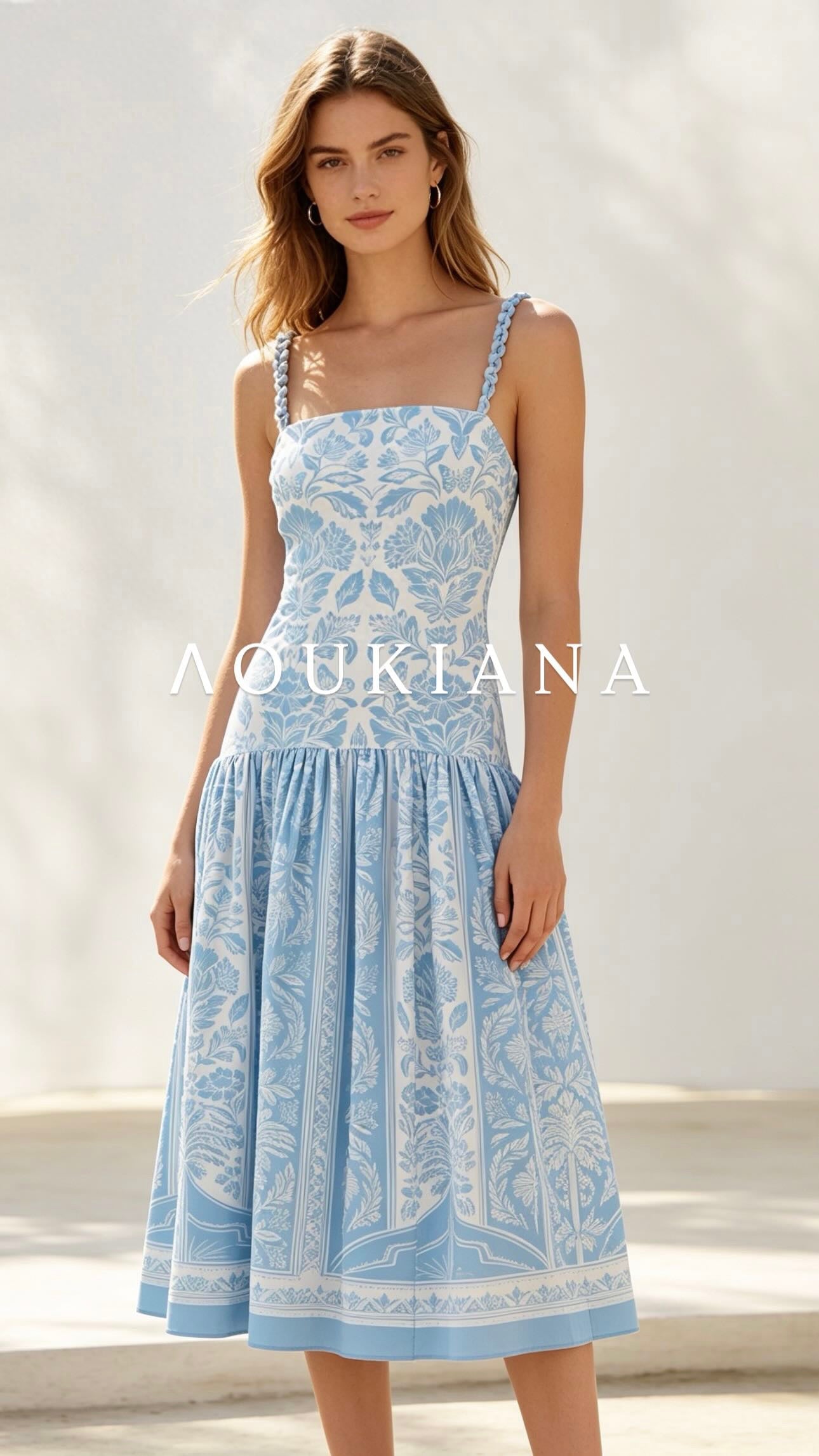 Midi Dress in Blue & White
