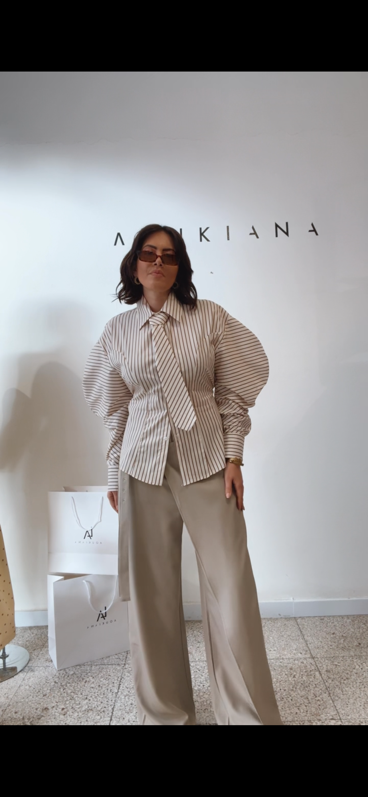 Balloon-Sleeve Shirt with Stripes