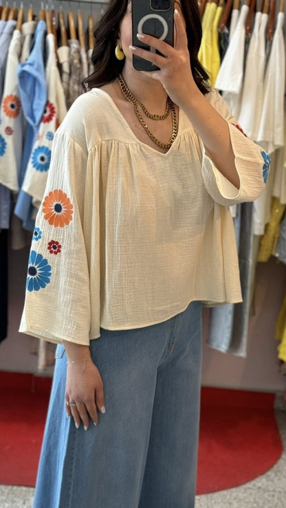 White Blouse with Flower Details