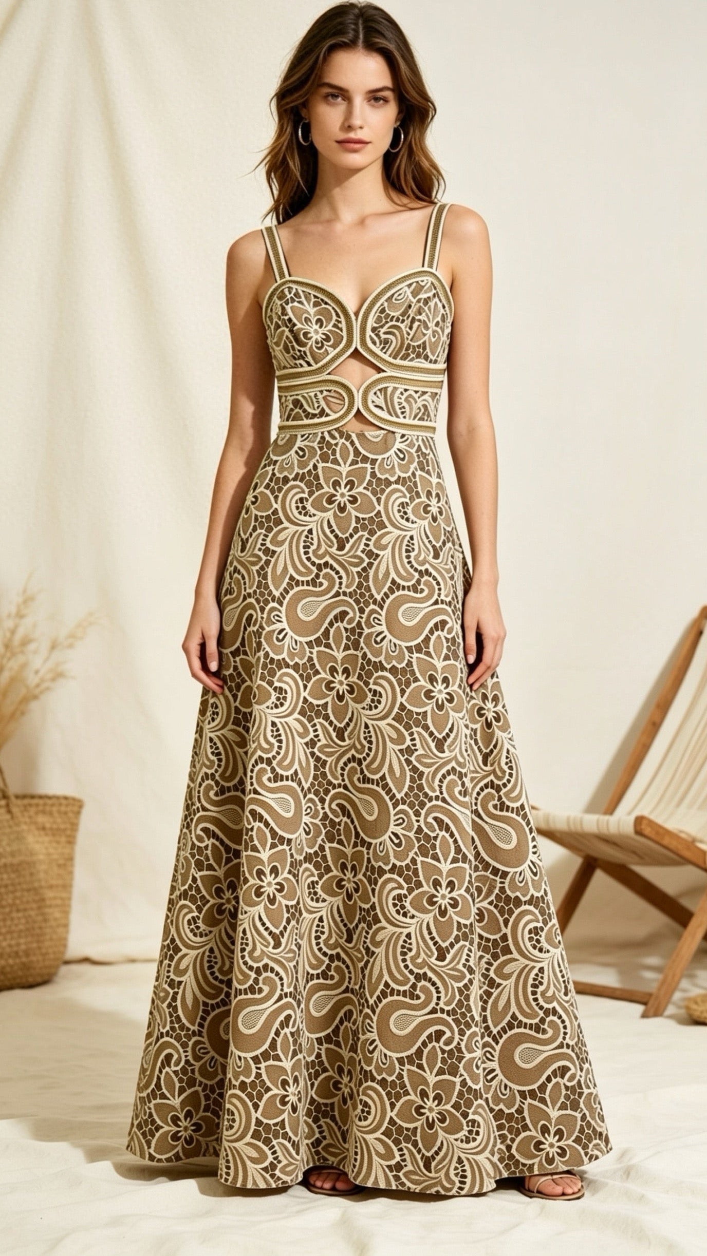Maxi Dress in Beige & Brown
