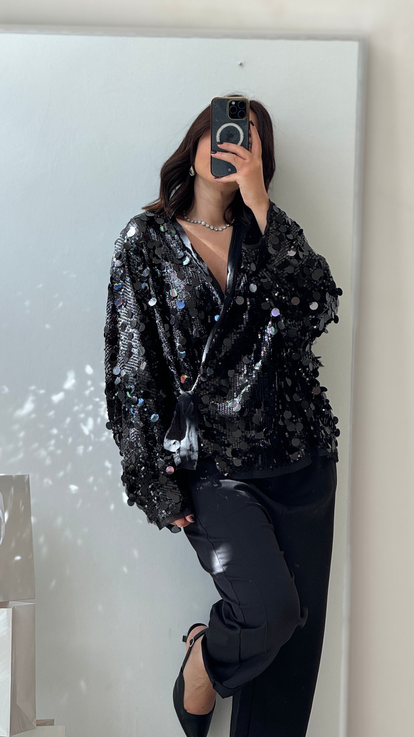 Wrap Top in Black Sequin