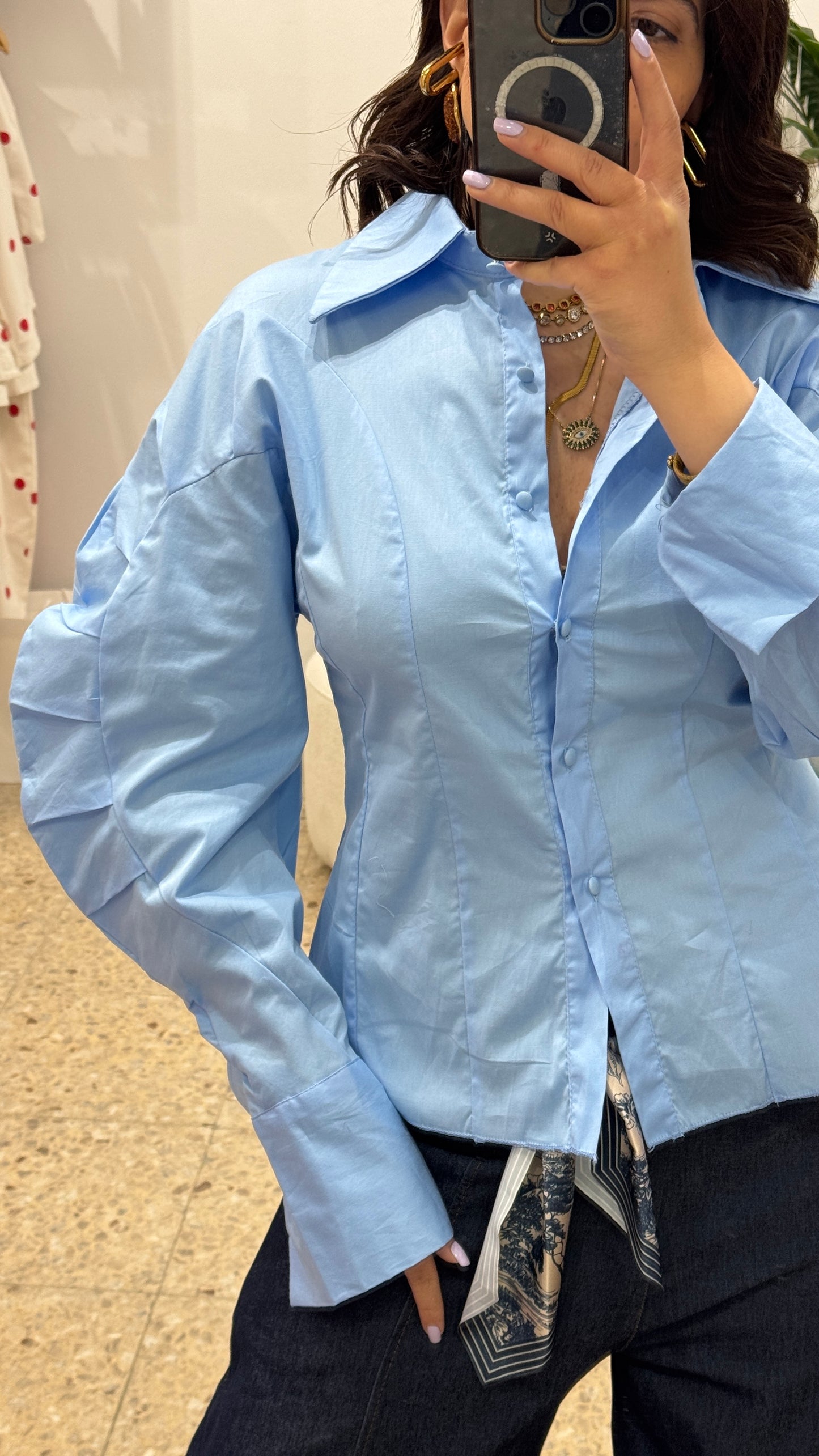 Balloon-Sleeve Shirt in Light Blue