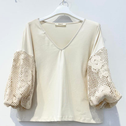 V-Neck Top with Crochet Sleeves