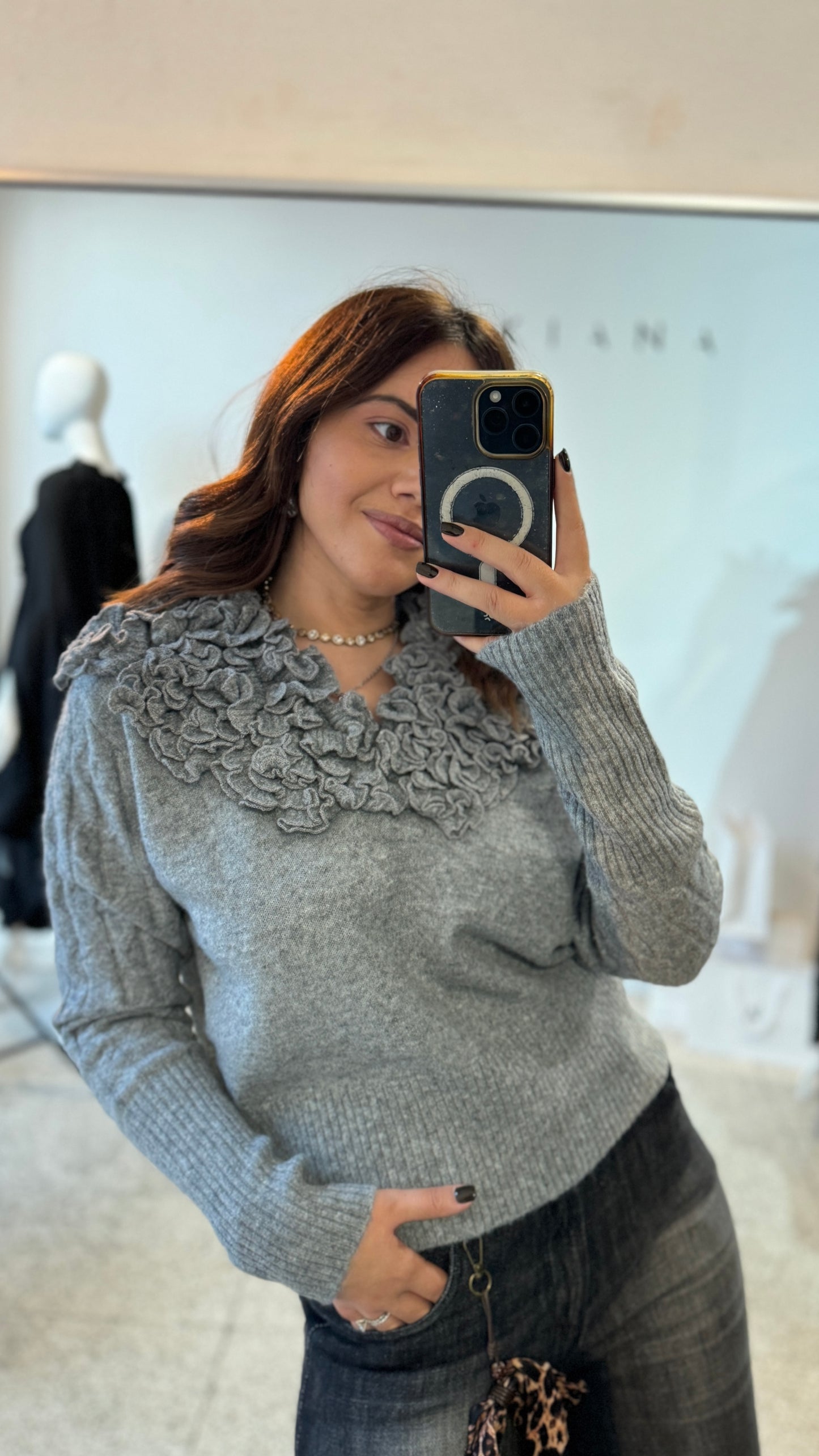 Jumper in Grey with Frill Neck