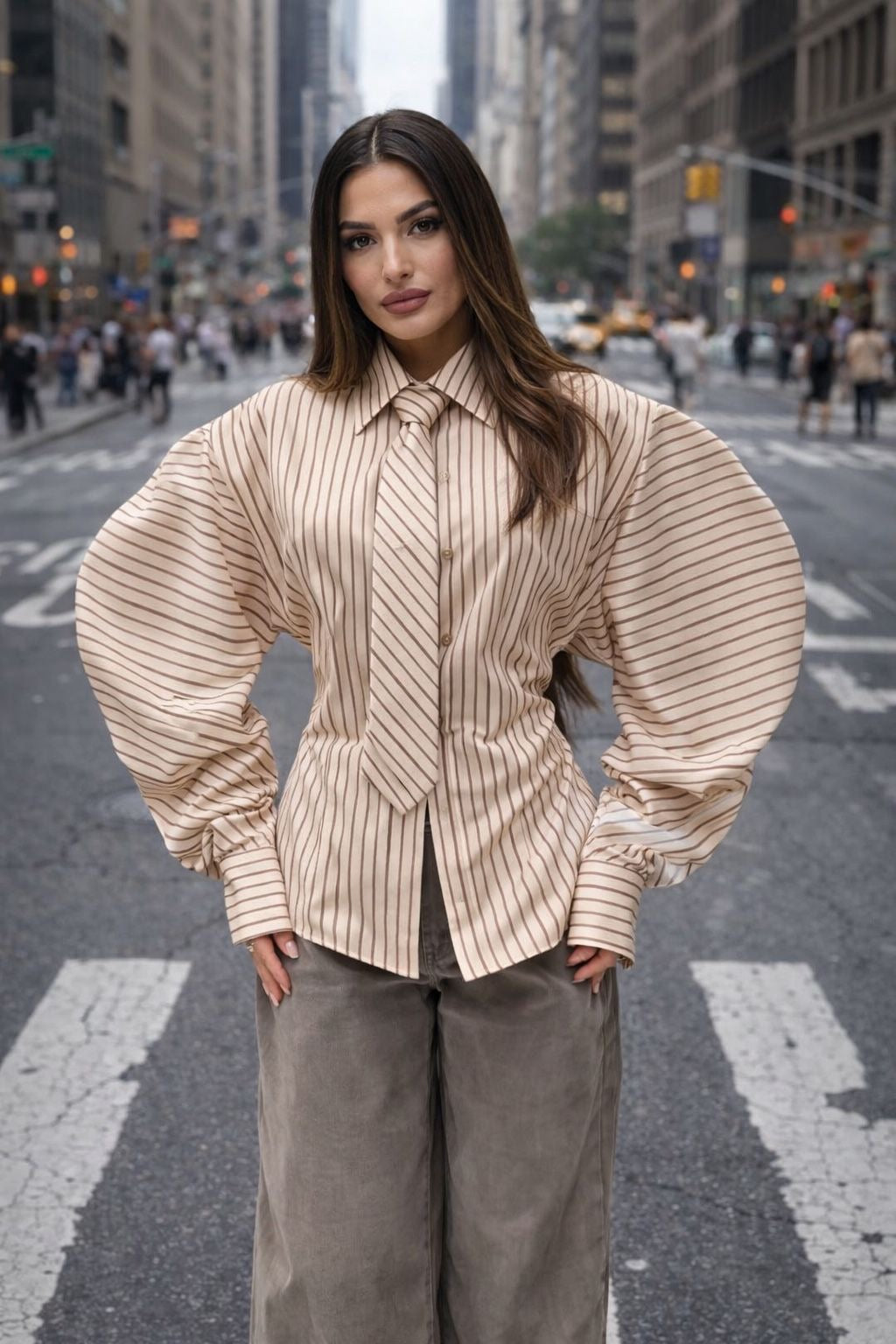 Balloon-Sleeve Shirt with Stripes