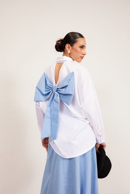 White Shirt with Blue Bow
